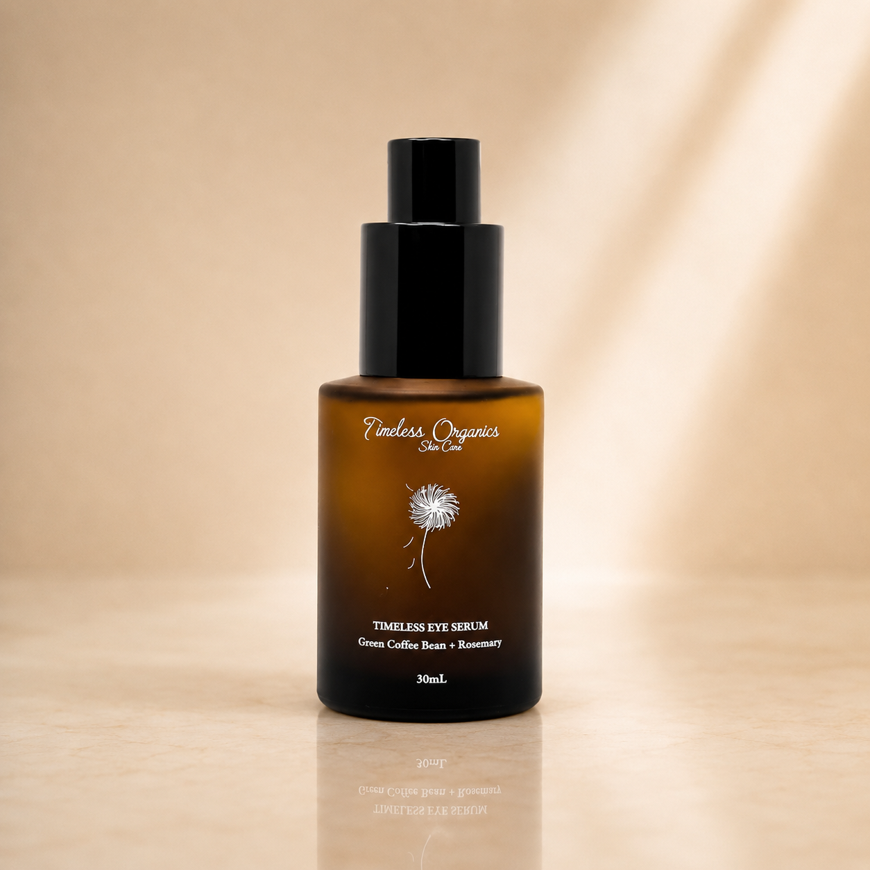 Timeless Organics Skin Care Timeless Eye Serum in a sleek bottle, designed to reduce puffiness and fine lines around the eyes.