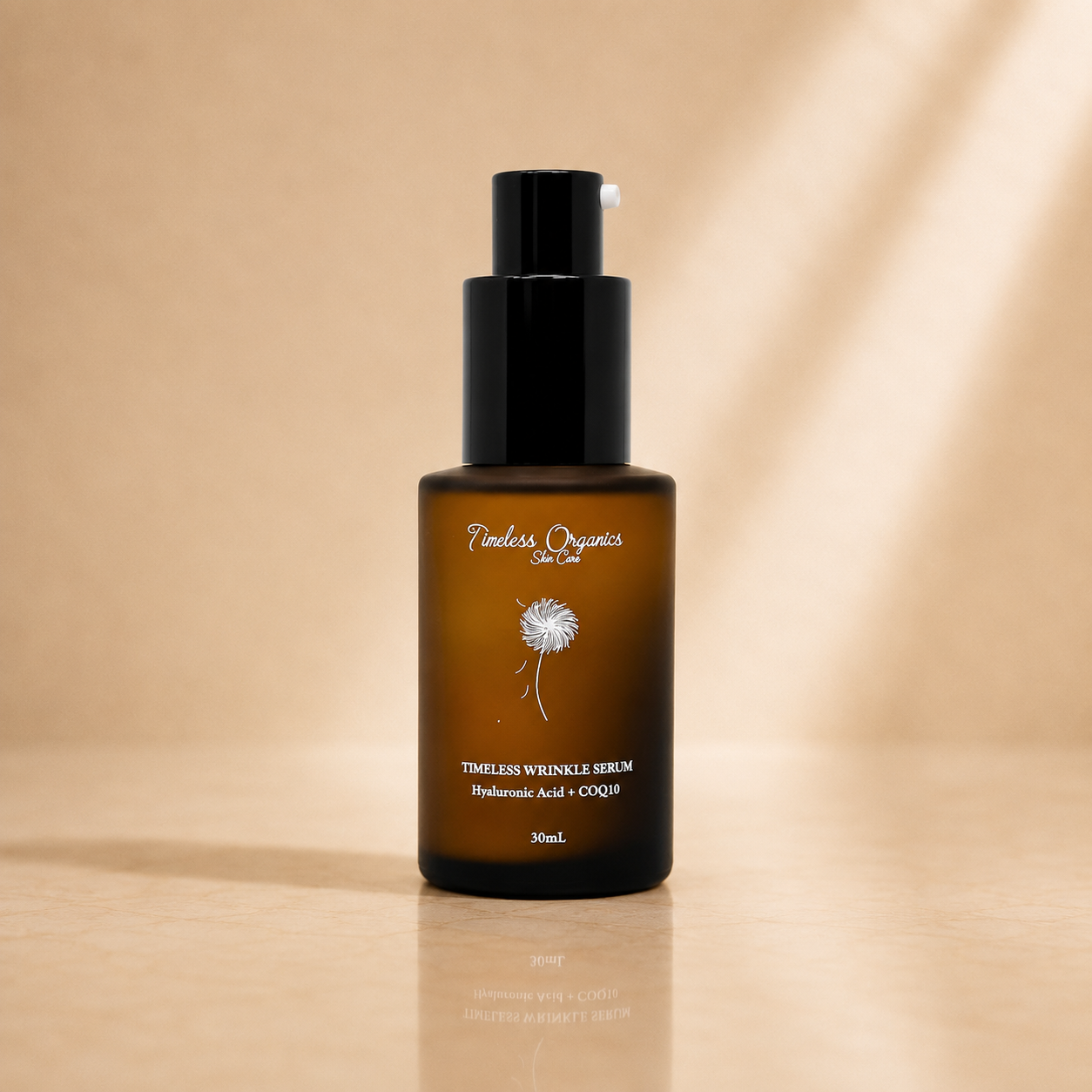 Timeless Wrinkle Serum from Timeless Organics Skin Care in a clear glass bottle with dropper, showcasing smooth, youthful skin.
