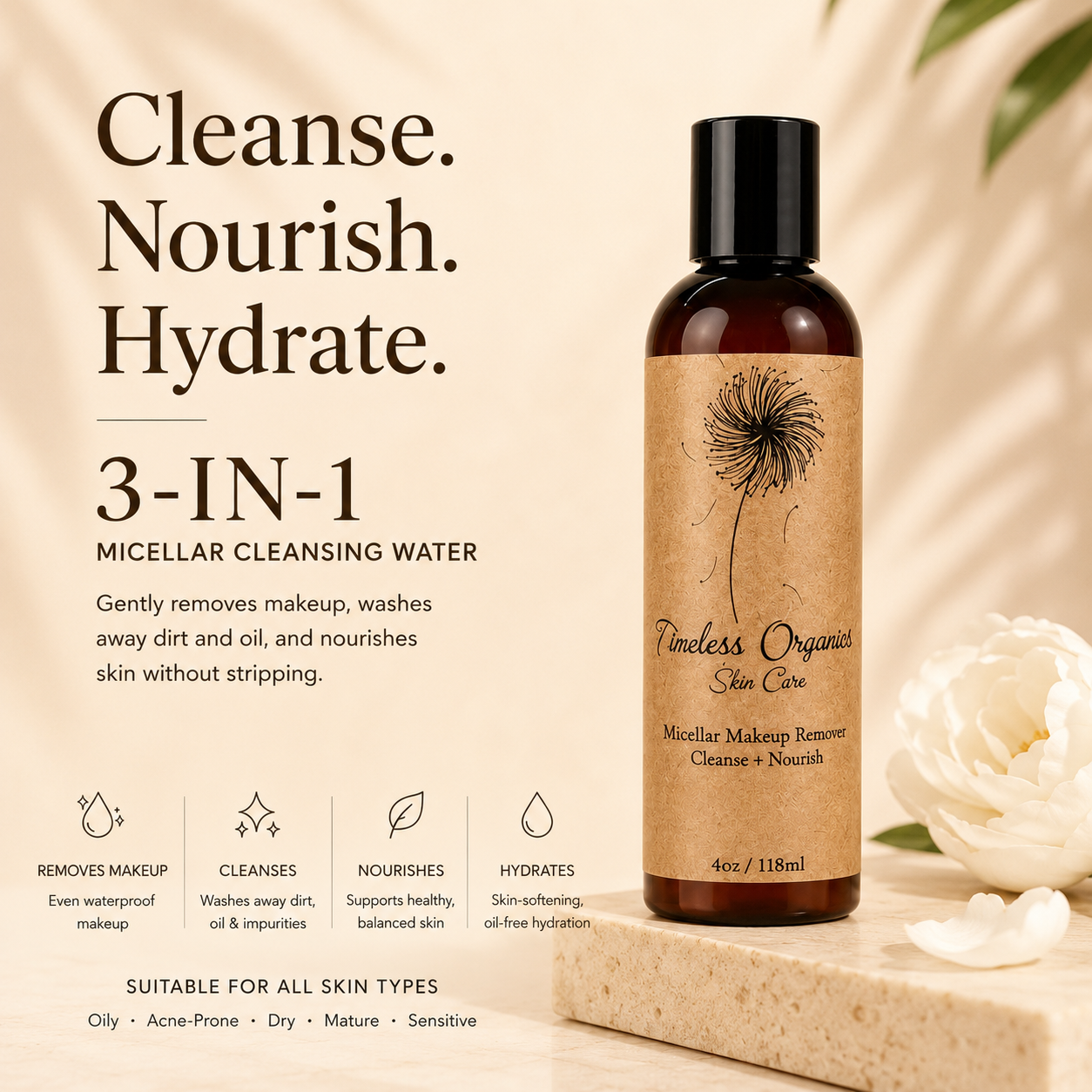 Timeless Organics Skin Care Micellar Cleansing Water for makeup removal, clear liquid with gentle formula in a transparent bottle.