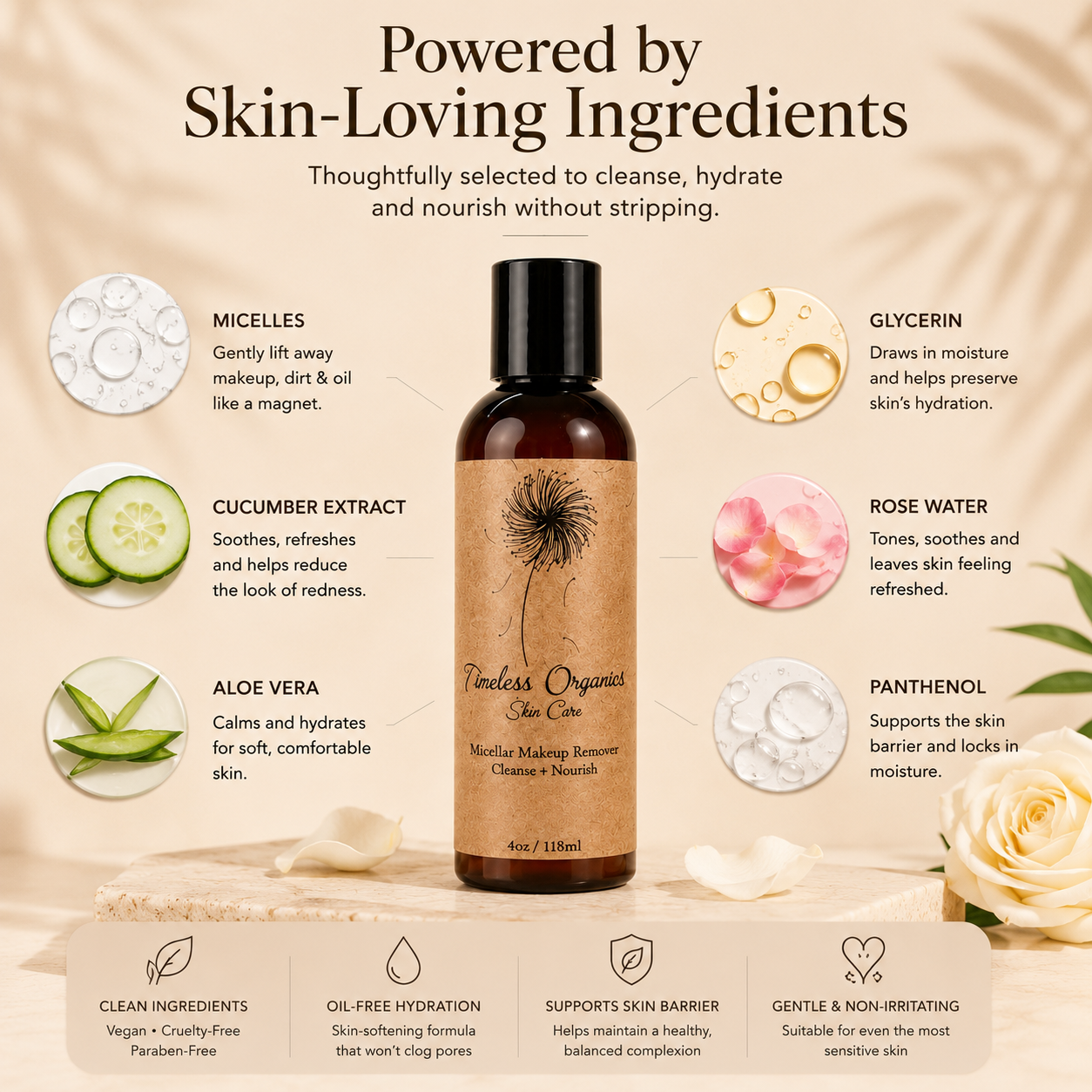 Timeless Organics Skin Care Micellar Cleansing Water for makeup removal, featuring a clear bottle with a blue cap and gentle cleansing formula.