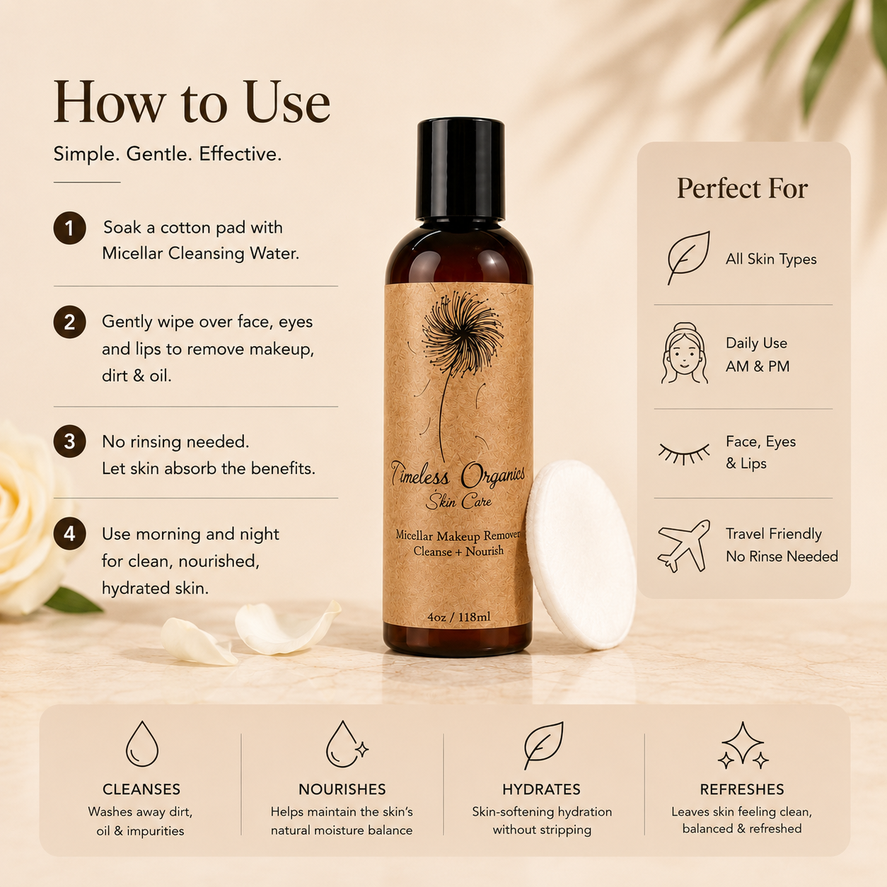 Timeless Organics Skin Care Micellar Cleansing Water for makeup removal, clear liquid in a bottle with a pump dispenser.