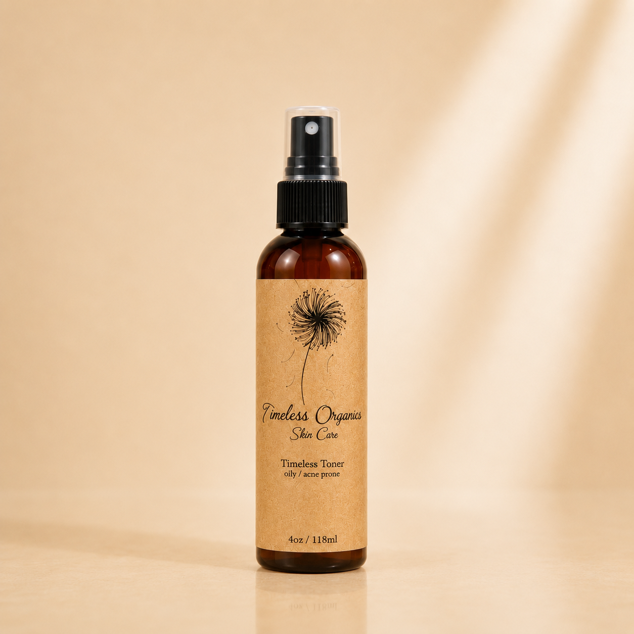 Timeless Organics Skin Care toner for troubled skin, featuring a clear bottle with a calming liquid and botanical ingredients.