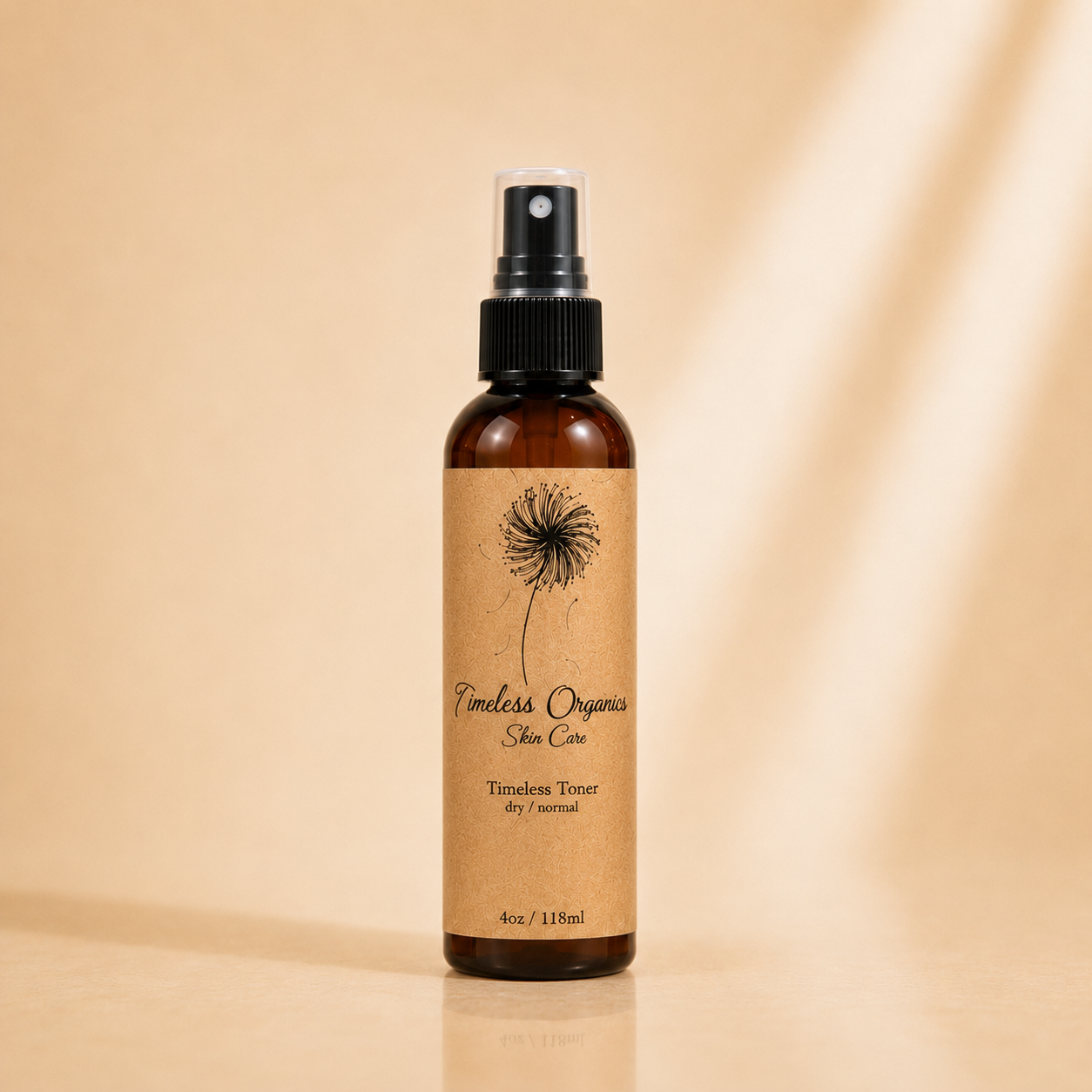 Timeless Organics Skin Care Timeless Toner for normal skin in a clear bottle with a light-colored liquid and a white cap.