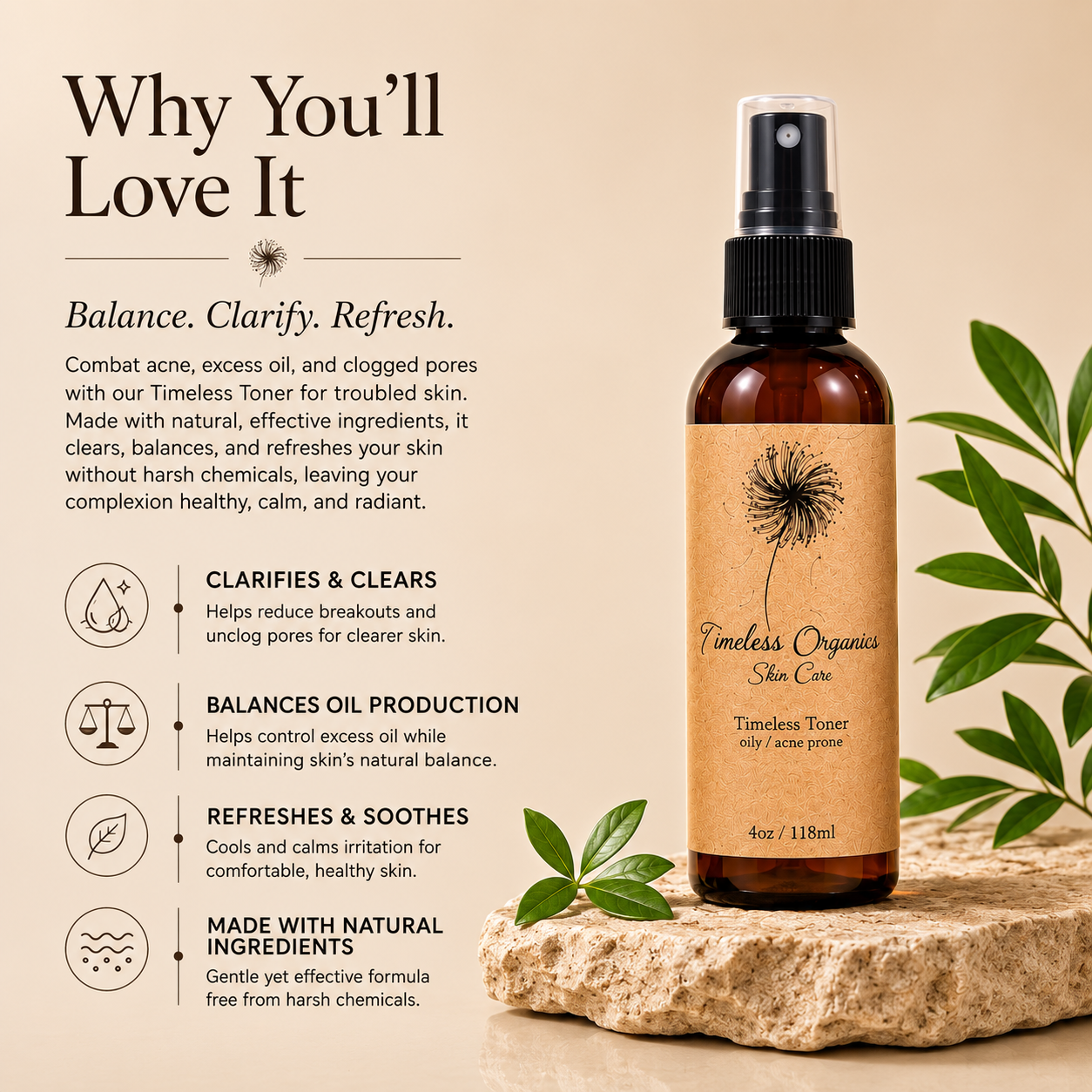 Timeless Organics Skin Care toner for troubled skin, with natural ingredients, in a clear bottle showing the product inside.