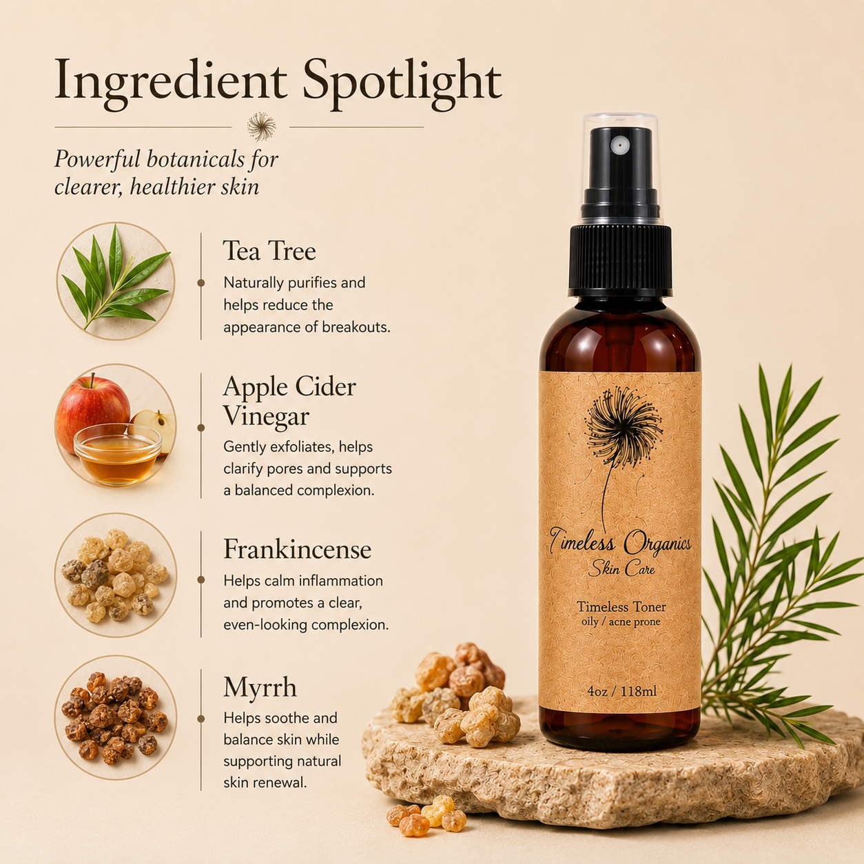 Timeless Organics Skin Care toner for troubled skin with natural ingredients, in a clear bottle with a white cap.