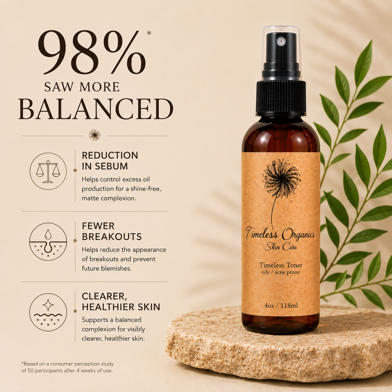 Timeless Organics Skin Care toner for troubled skin, clear liquid in a glass bottle with a pump dispenser.