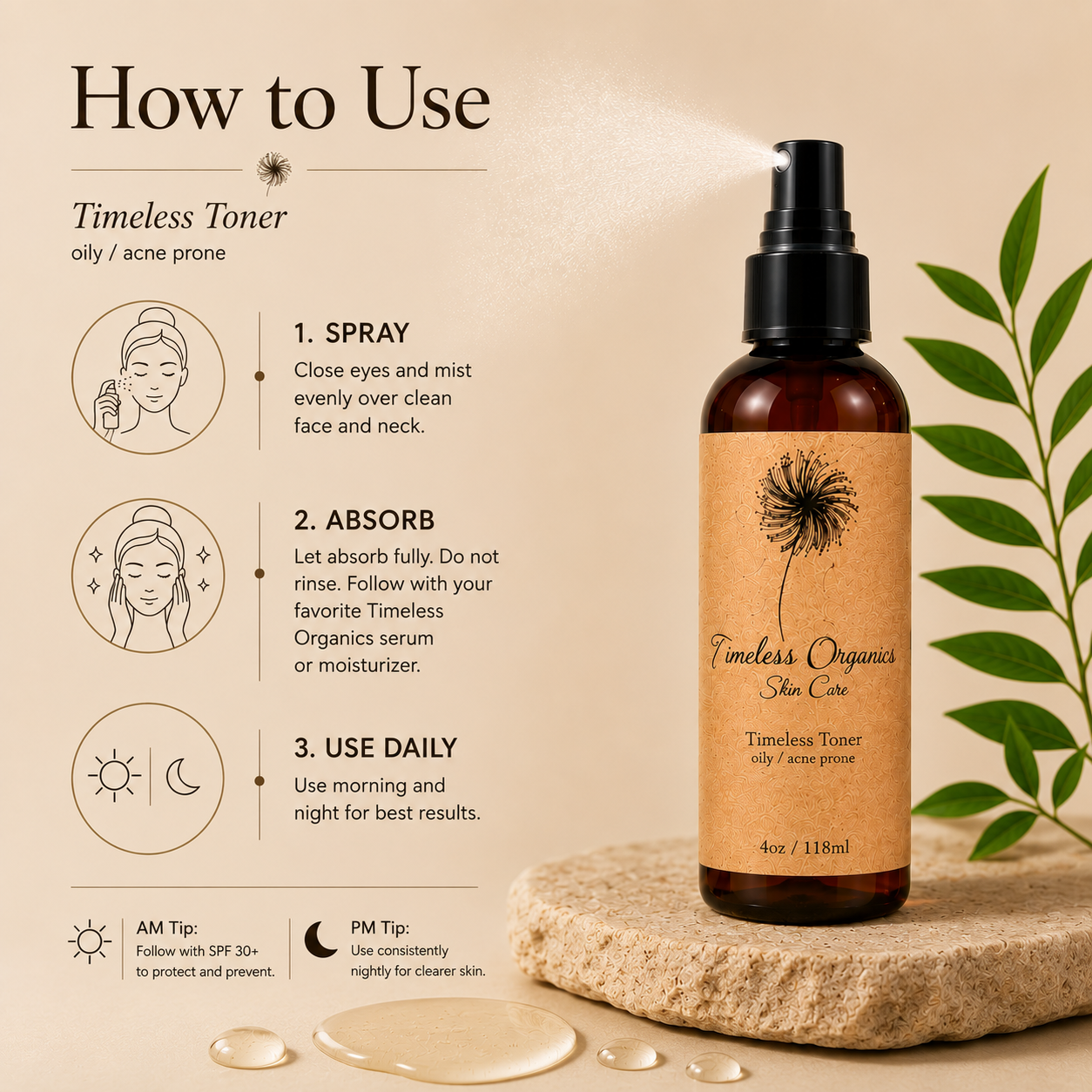 Timeless Organics Skin Care toner for troubled skin, featuring a clear bottle with a gentle, soothing liquid formula.