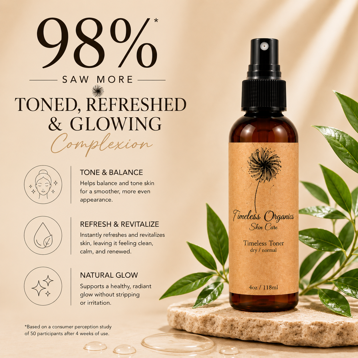 Timeless Organics Skin Care Timeless Toner for normal skin in a clear bottle with a white cap and label, showing the toner inside.