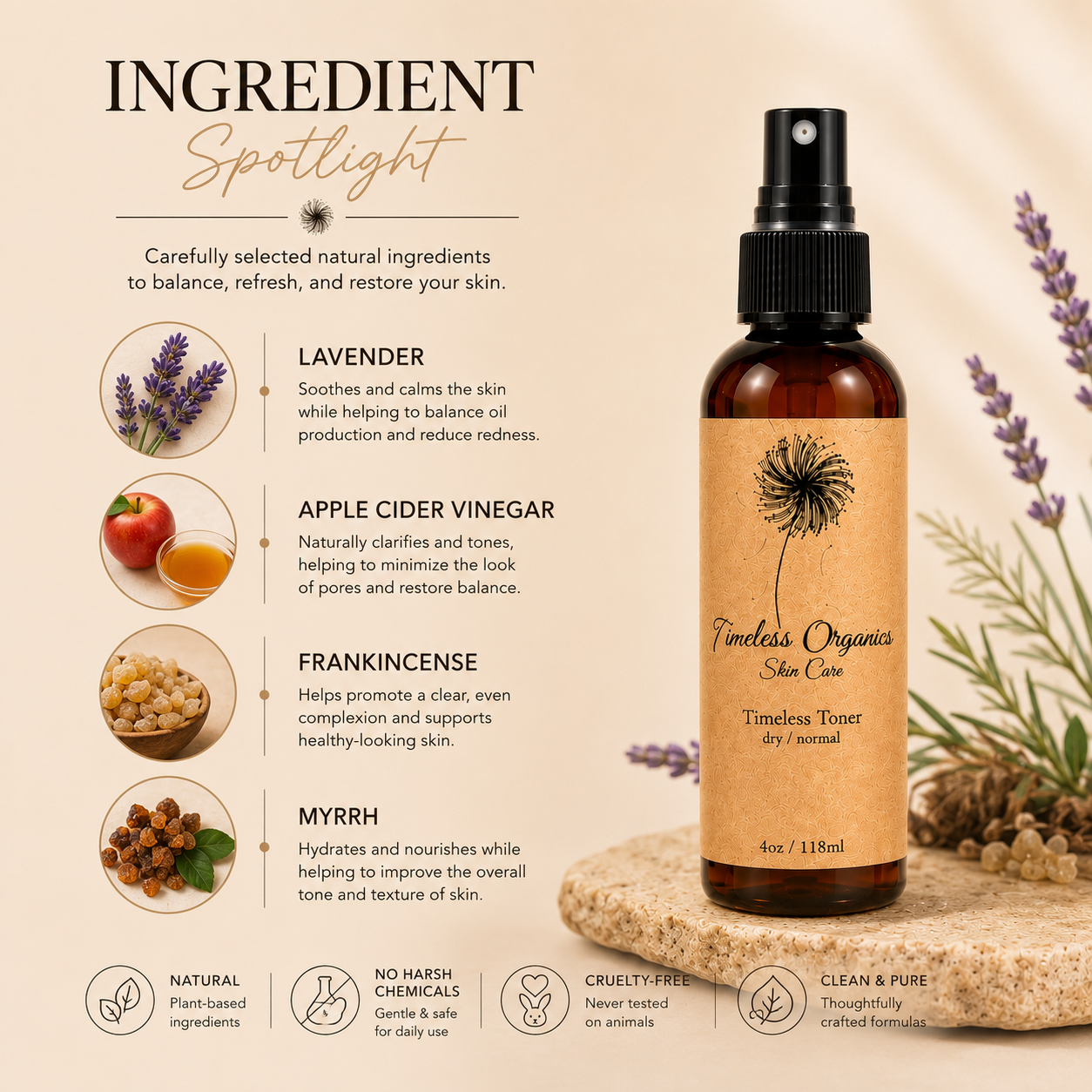 Timeless Organics Skin Care Timeless Toner for normal skin, clear liquid toner in a glass bottle with a pump dispenser.