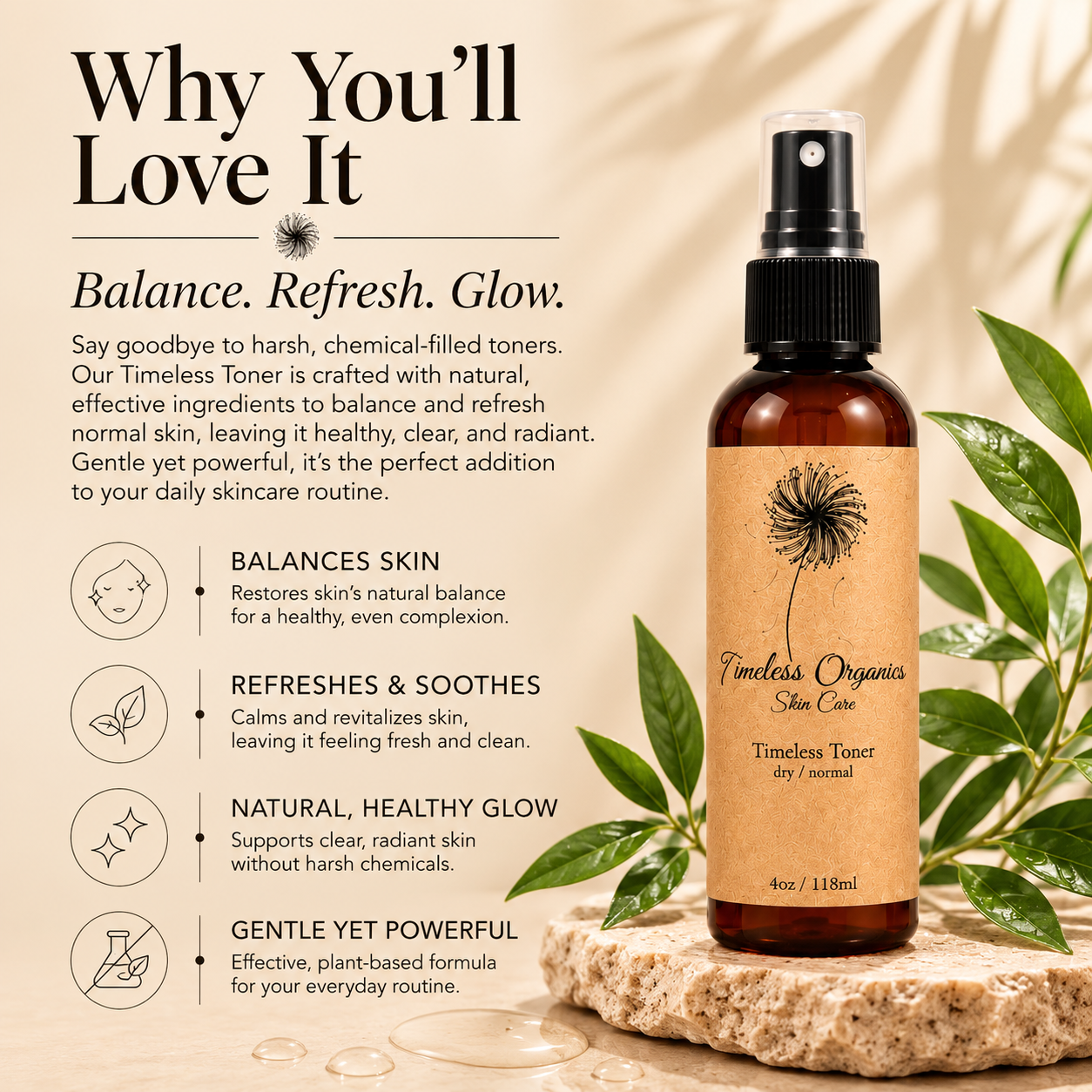 Timeless Organics Skin Care Timeless Toner for normal skin in a clear bottle with a light yellow liquid and white cap.
