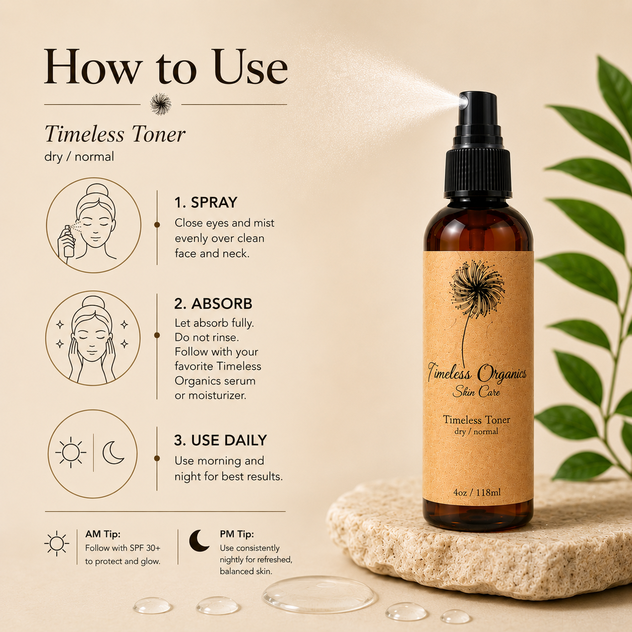 Bottle of Timeless Organics Skin Care Toner for normal skin, with a clear label and botanical ingredients visible.