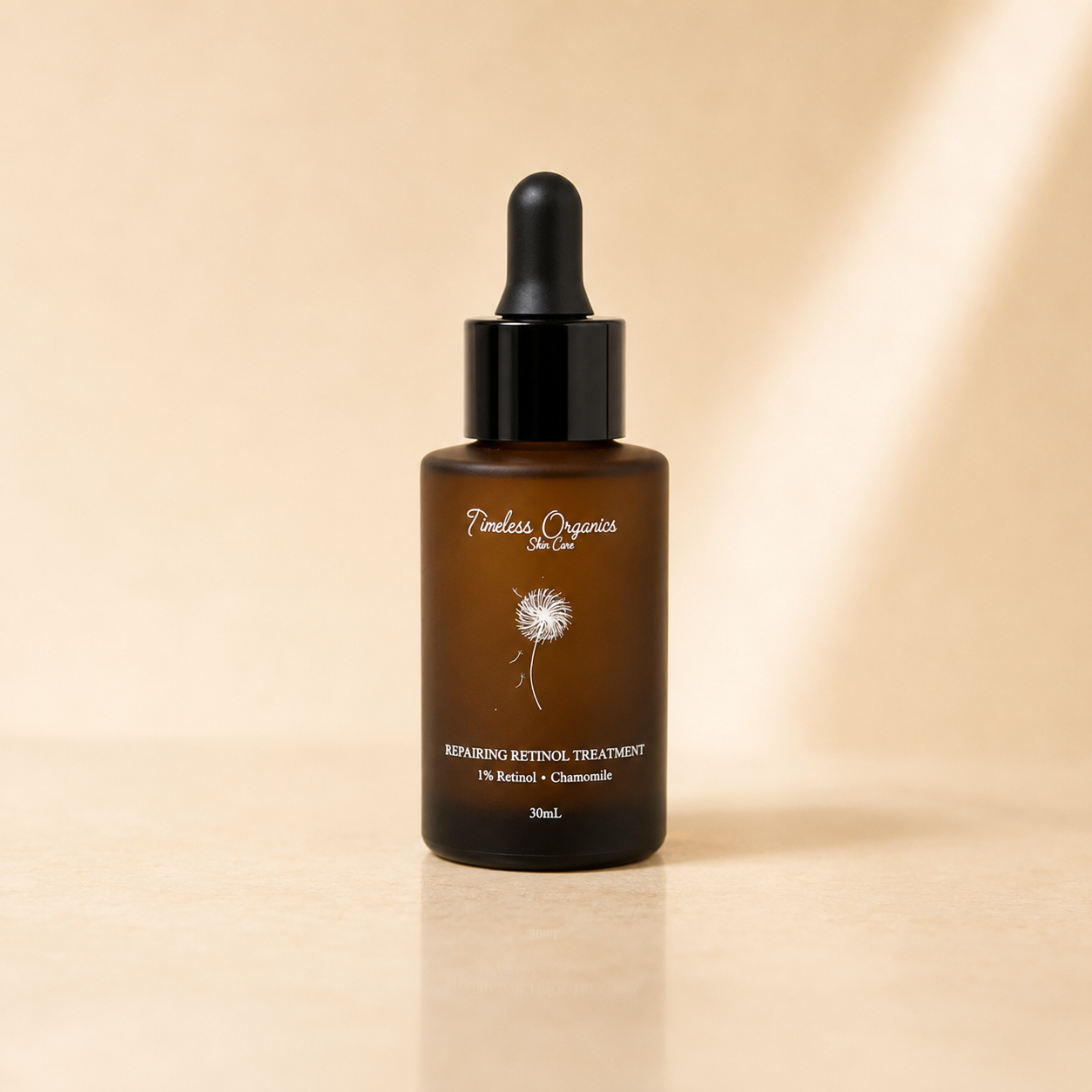 Timeless Organics Skin Care Repairing Retinol Treatment serum in a glass bottle with dropper for skin renewal and anti-aging.