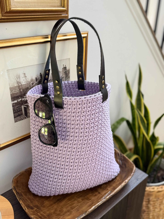 Handcrafted Lavender Tote Bag with Leather Handles - Eco-Friendly Crochet Design - C2 Creations LLC ~ Blessings Grow Meadows