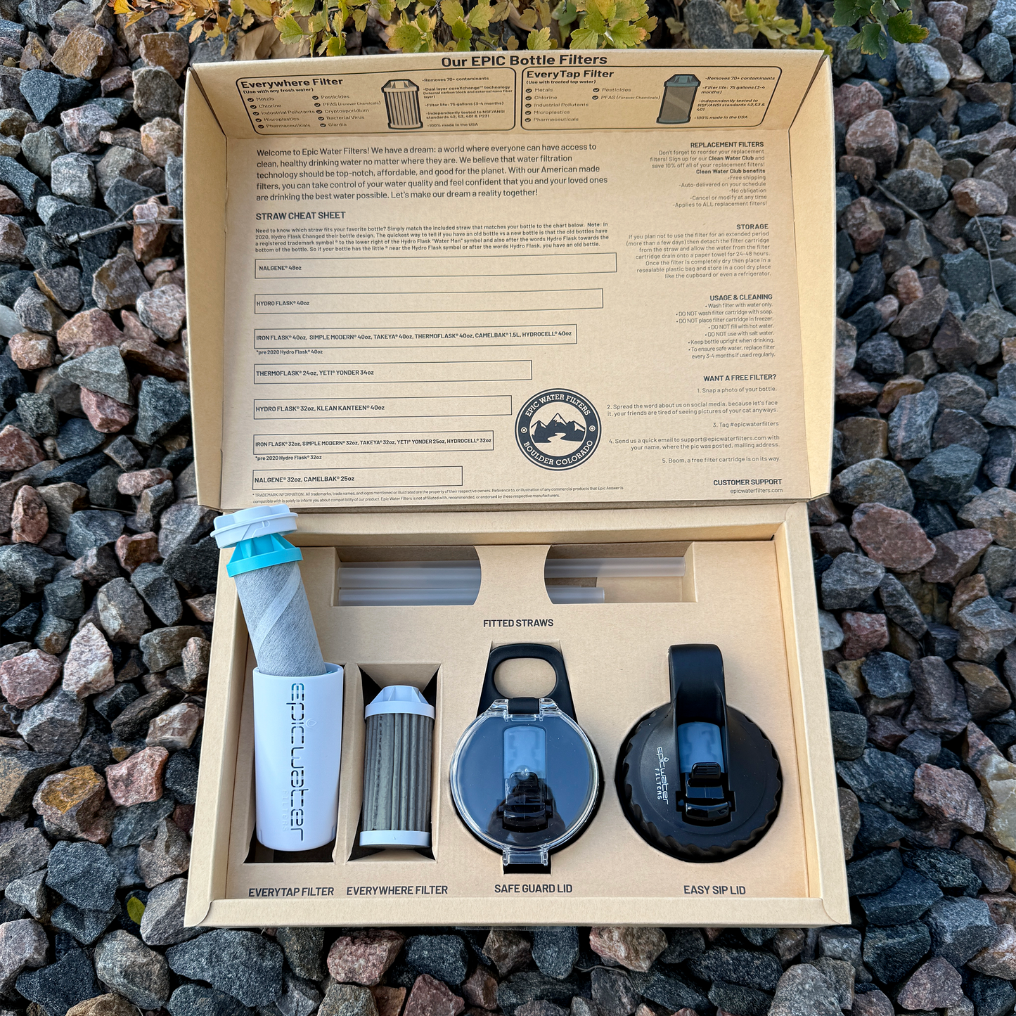 Answer 2.0 water filter by Epic Water Filters USA compatible with Hydro Flask and Nalgene bottles, shown attached to a bottle.