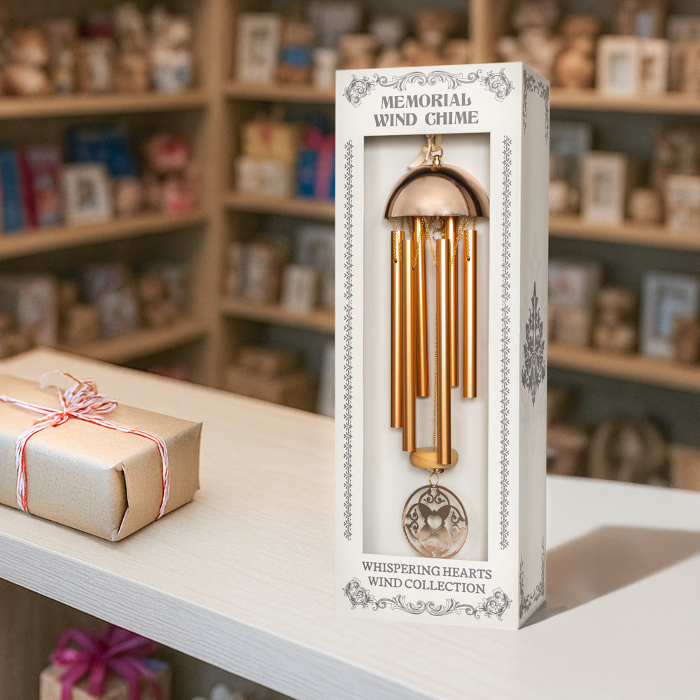 15” Wind Chime with Gift Box – Whispering Hearts™ Collection – Warm Gold Aluminum with Personalizable Heart Charm - Blessings Grow Meadows