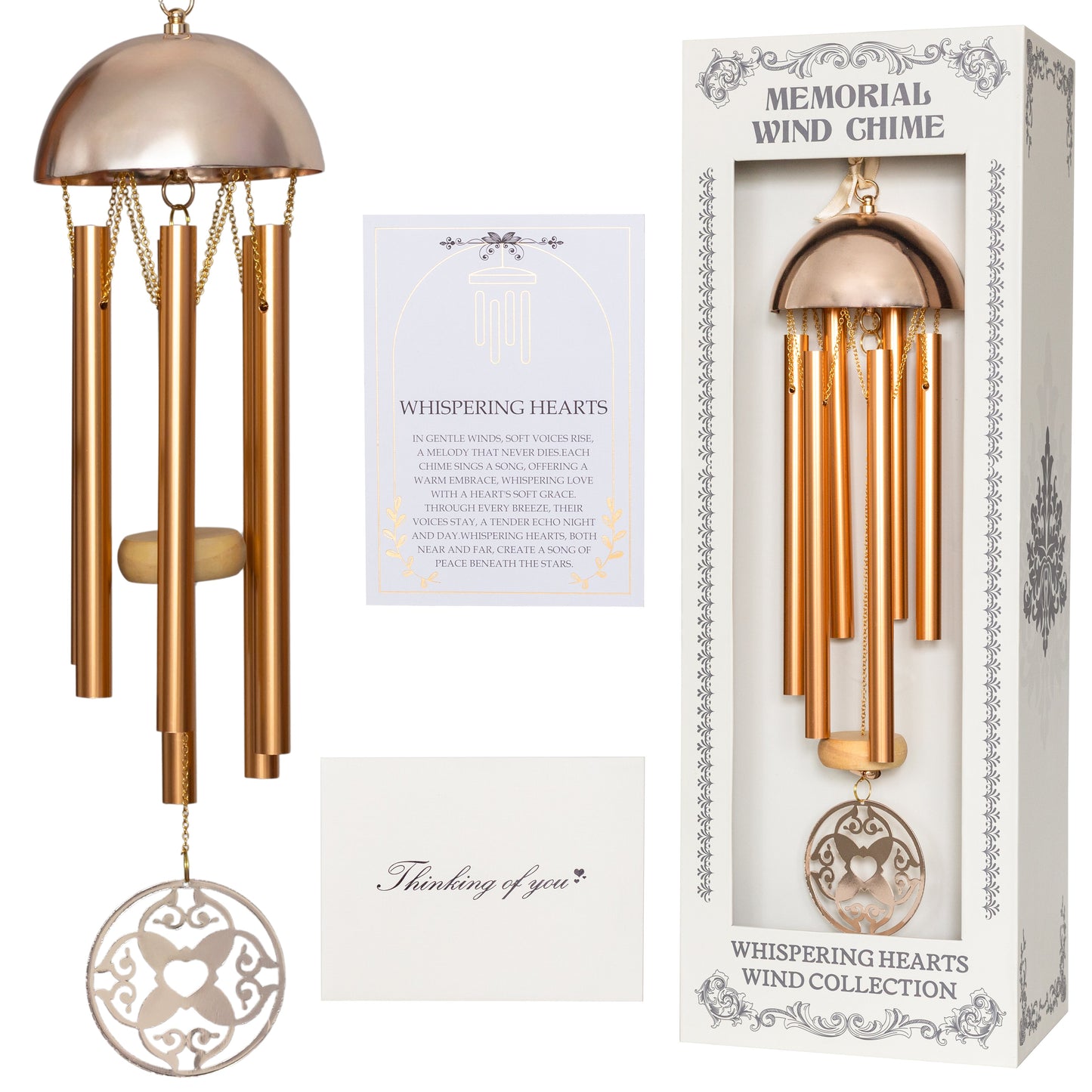 15” Wind Chime with Gift Box – Whispering Hearts™ Collection – Warm Gold Aluminum with Personalizable Heart Charm - Blessings Grow Meadows