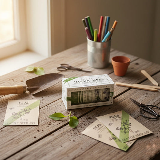Seattle Seed Company Gardener's Washi Tape Crafting and Scrapbooking Set with 7 colorful tapes, each 10 meters long.
