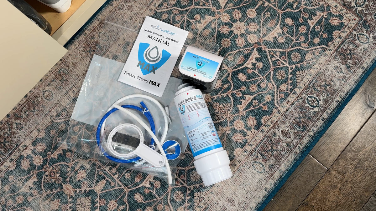 Under sink system from Epic Water Filters USA, Epic Smart Shield Max, showing the compact water filtration unit and installation components.