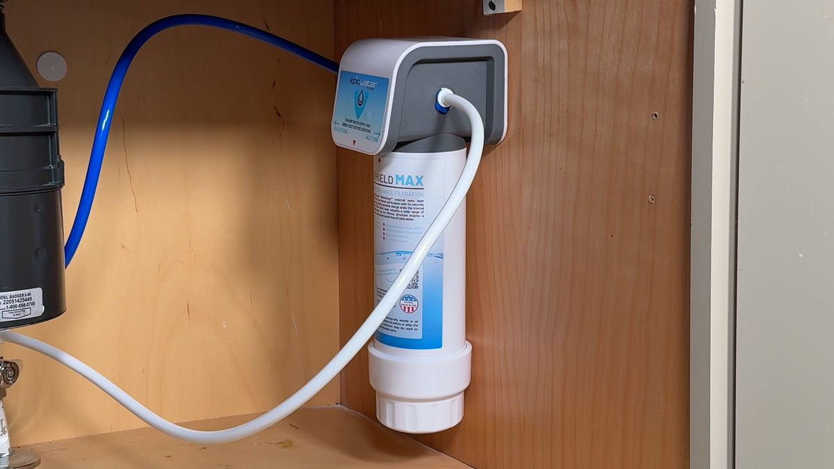 Epic Smart Shield Max under sink water filtration system by Epic Water Filters USA, installed under the kitchen sink.
