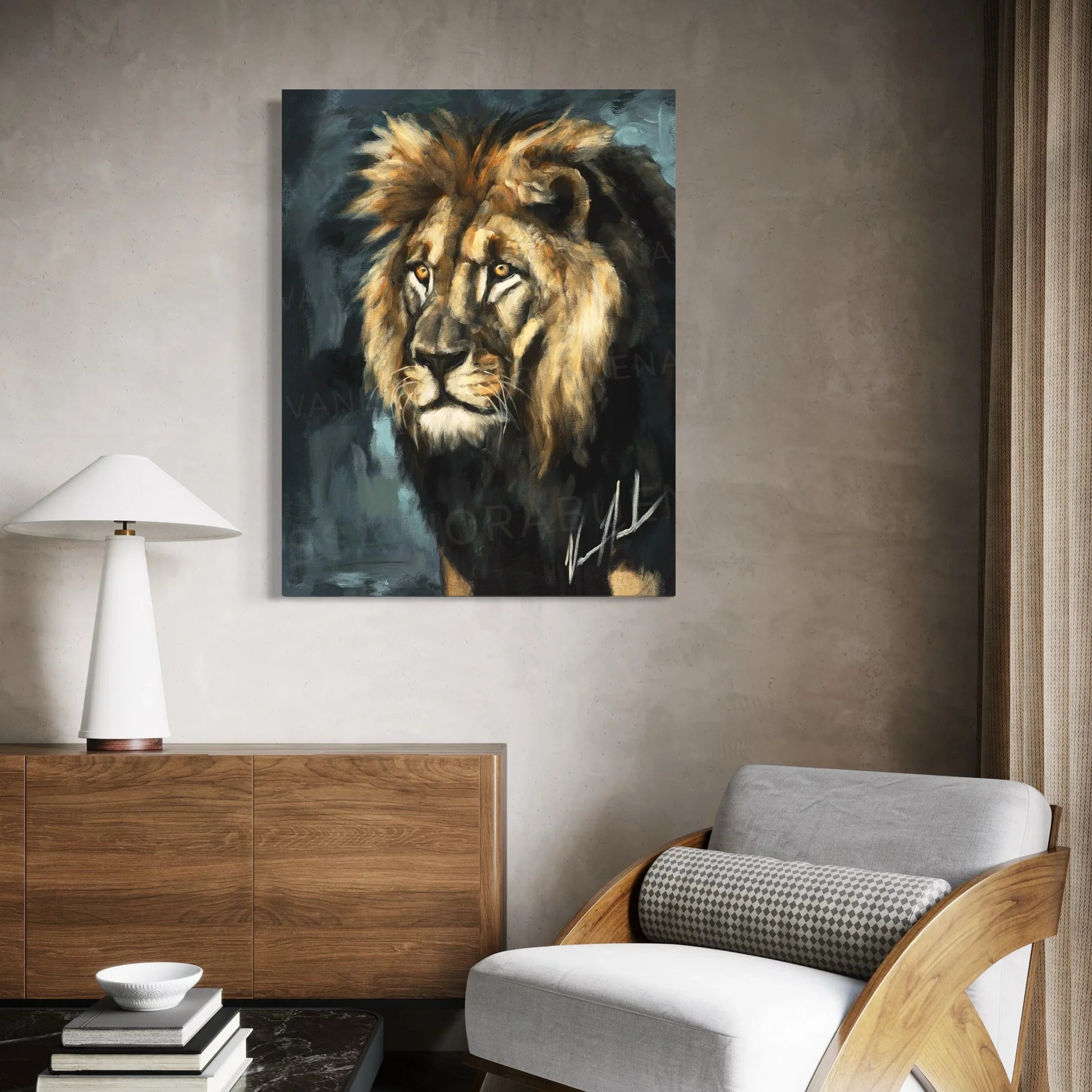 Lion art print titled "Walking in the Authority of the King" by Vanessa Horabuena, featuring a majestic lion illustration.