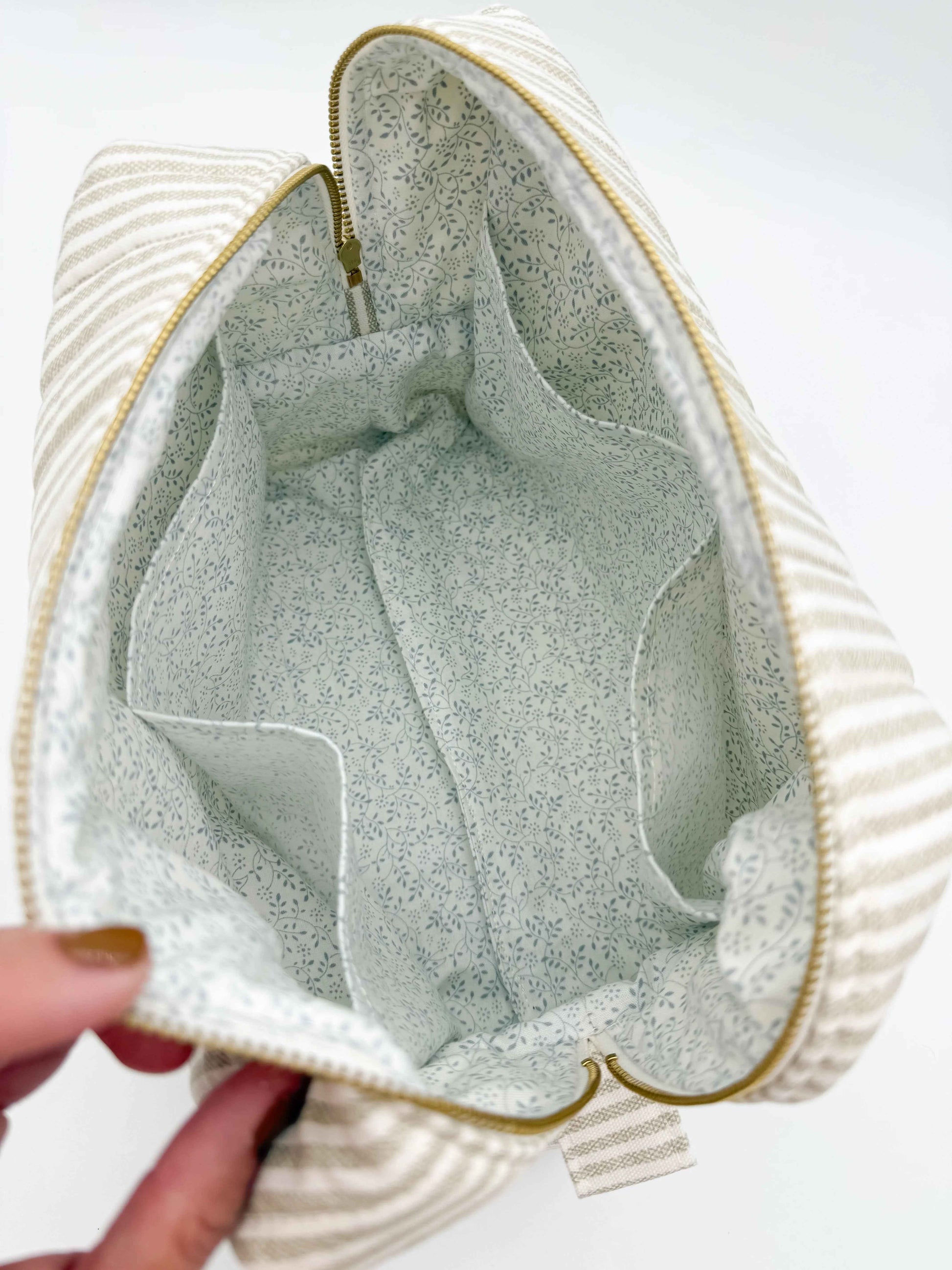 Handmade Makeup Bags - Boxy Toiletry & Makeup Bags in Taupe and Cream Ticking Stripe Pattern - C2 Creations LLC ~ Blessings Grow Meadows