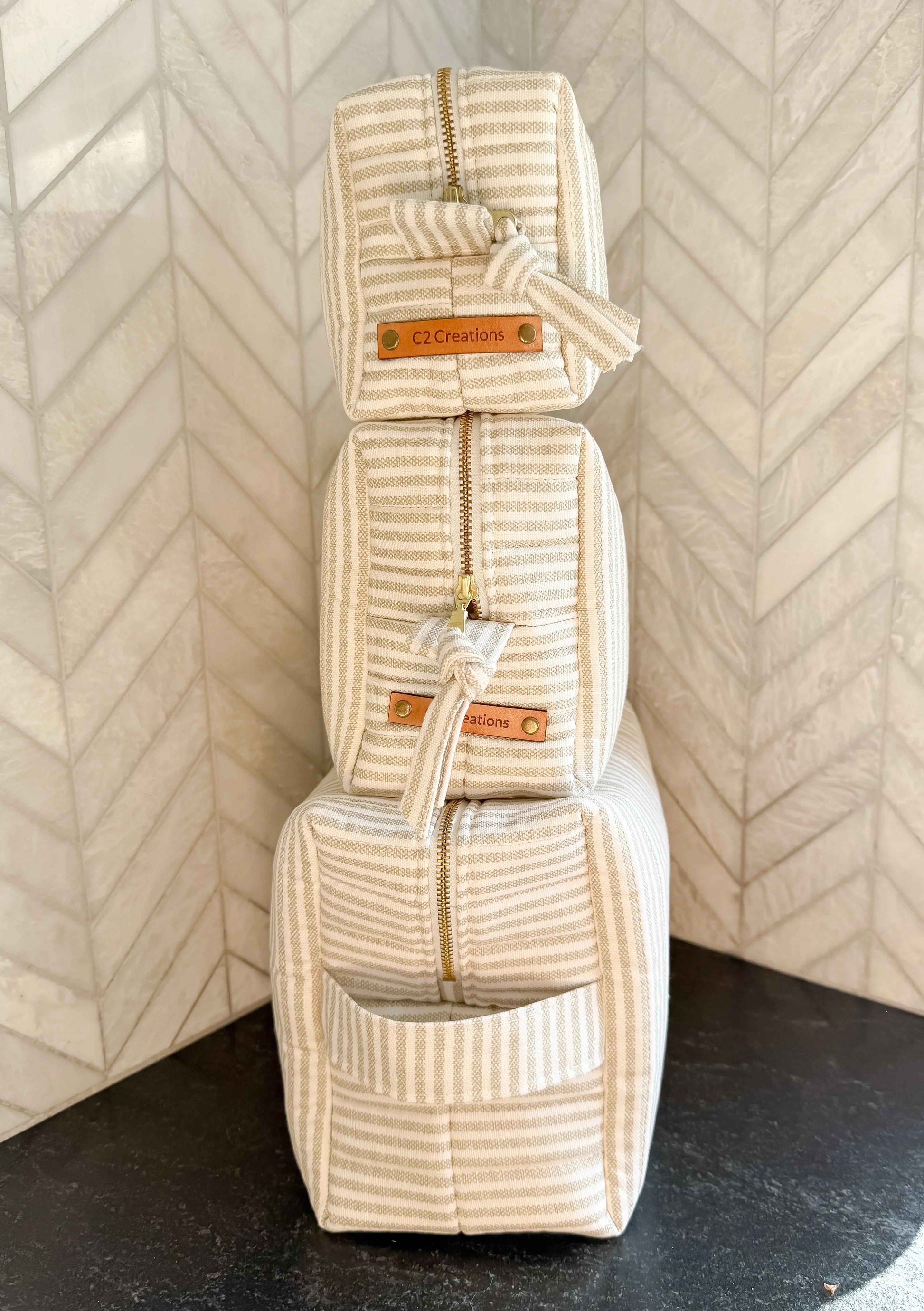 Handmade Makeup Bags - Boxy Toiletry & Makeup Bags in Taupe and Cream Ticking Stripe Pattern - C2 Creations LLC ~ Blessings Grow Meadows