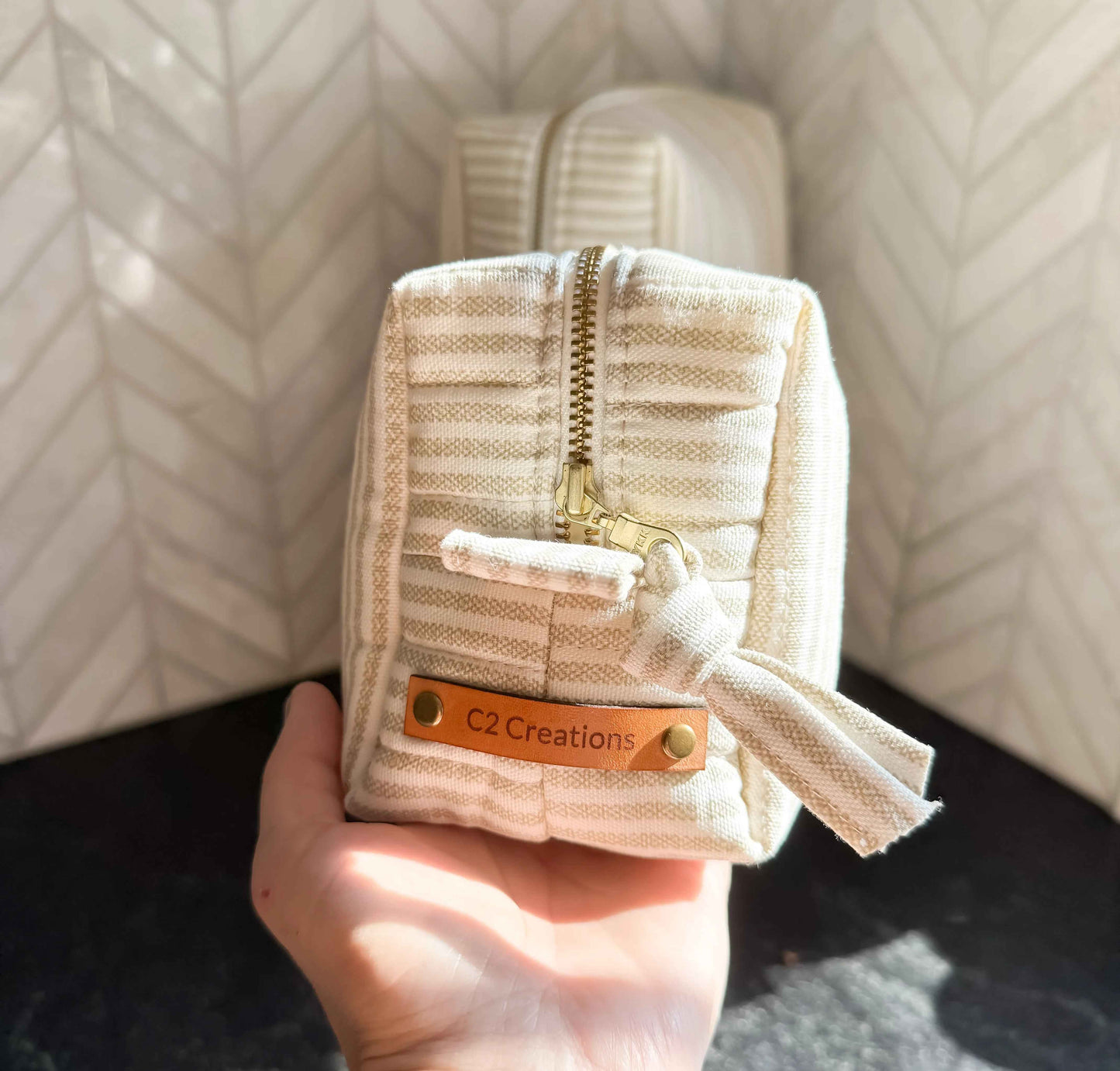 Handmade Makeup Bags - Boxy Toiletry & Makeup Bags in Taupe and Cream Ticking Stripe Pattern - C2 Creations LLC ~ Blessings Grow Meadows