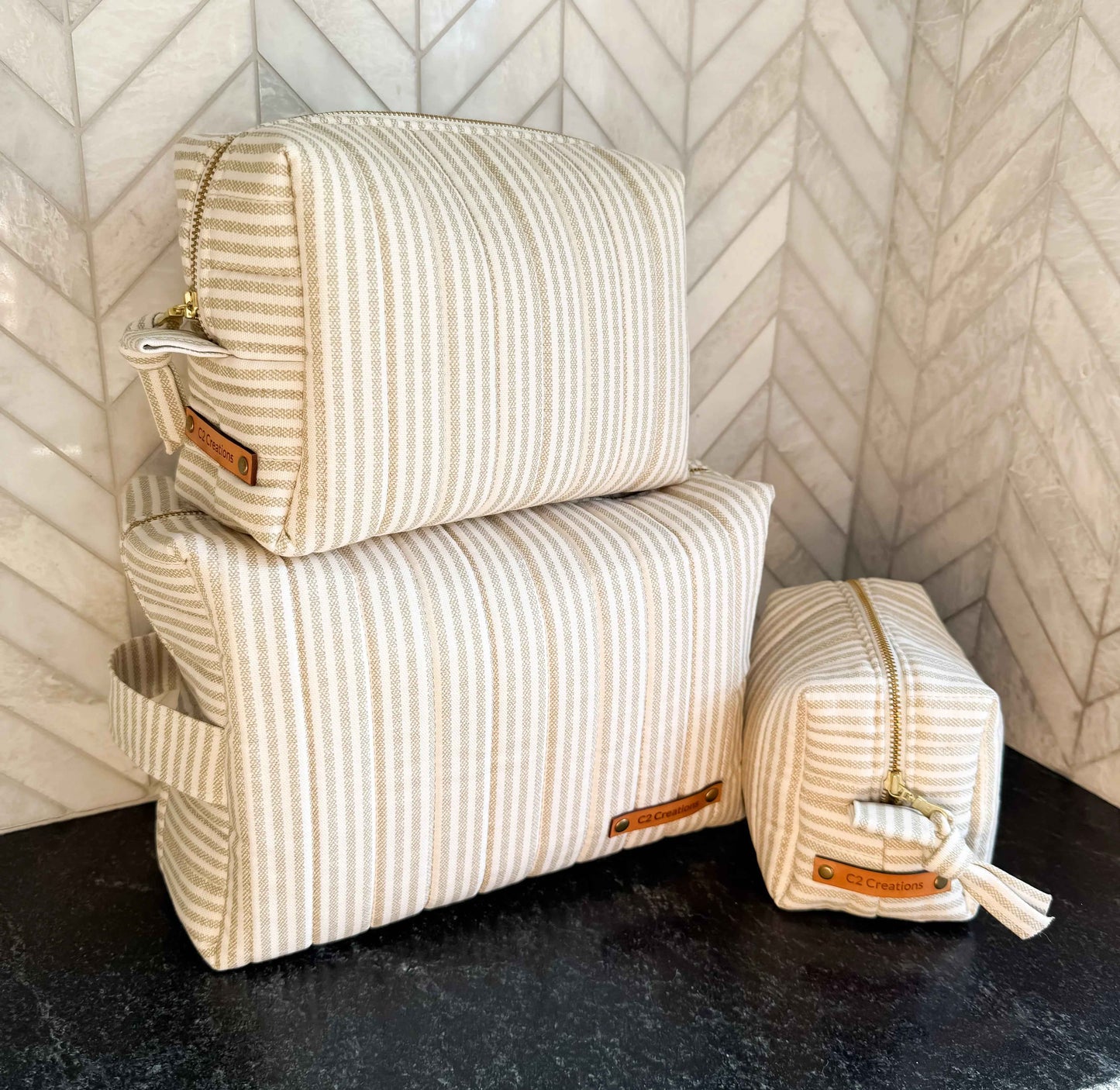 Handmade Makeup Bags - Boxy Toiletry & Makeup Bags in Taupe and Cream Ticking Stripe Pattern - C2 Creations LLC ~ Blessings Grow Meadows