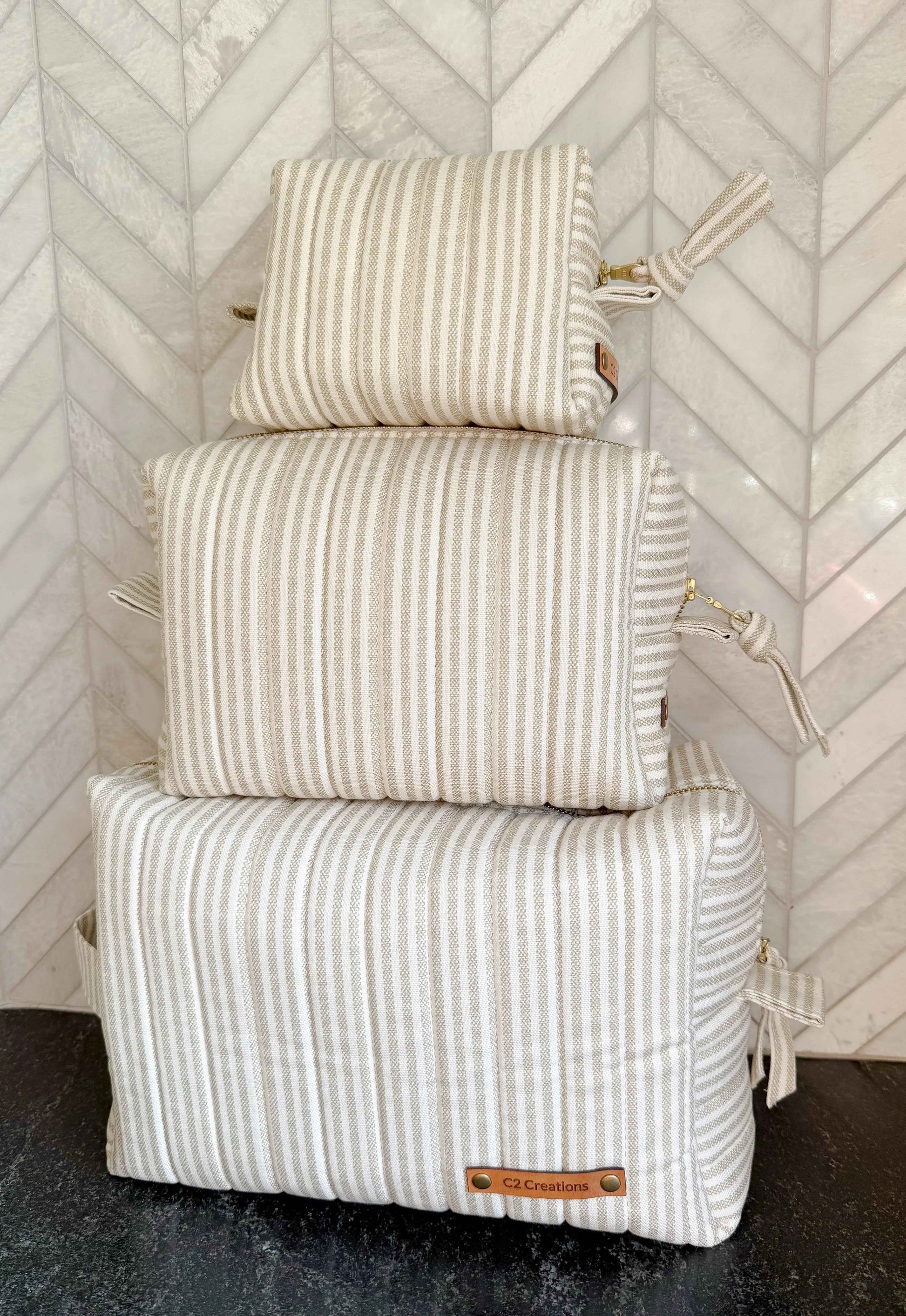 Handmade Makeup Bags - Boxy Toiletry & Makeup Bags in Taupe and Cream Ticking Stripe Pattern - C2 Creations LLC ~ Blessings Grow Meadows