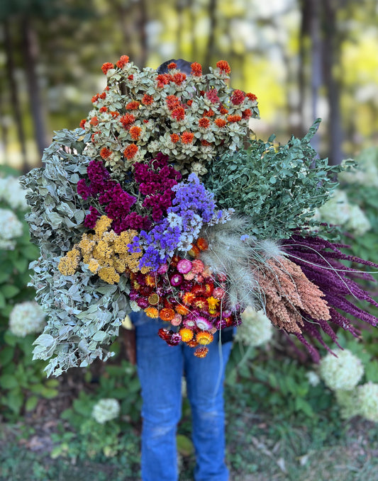 Bright and cheery dried flowers in a Sunny Meadows Flower Farm SMFF Flowers box lot, showcasing colorful preserved floral arrangements.