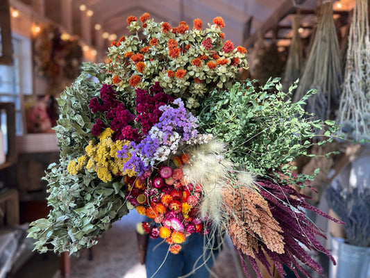 Bright and cheery dried flower arrangement in a box, featuring colorful SMFF flowers from Sunny Meadows Flower Farm.