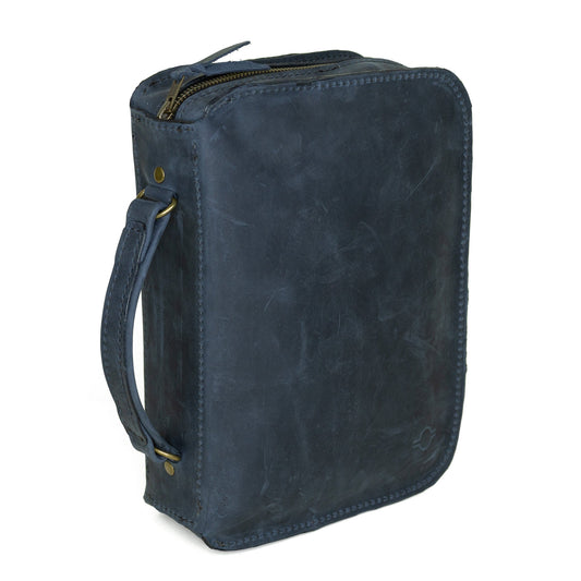 Indigo Bible cover by Rebekah Scott Designs with floral details and sturdy zipper, designed to protect and carry a Bible.