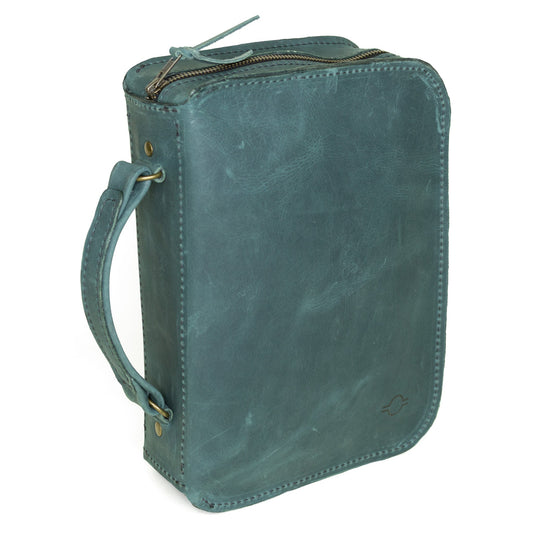 Rebekah Scott Designs 1948 Bible Cover in evergreen fabric with leather accents, designed to protect and carry a Bible.