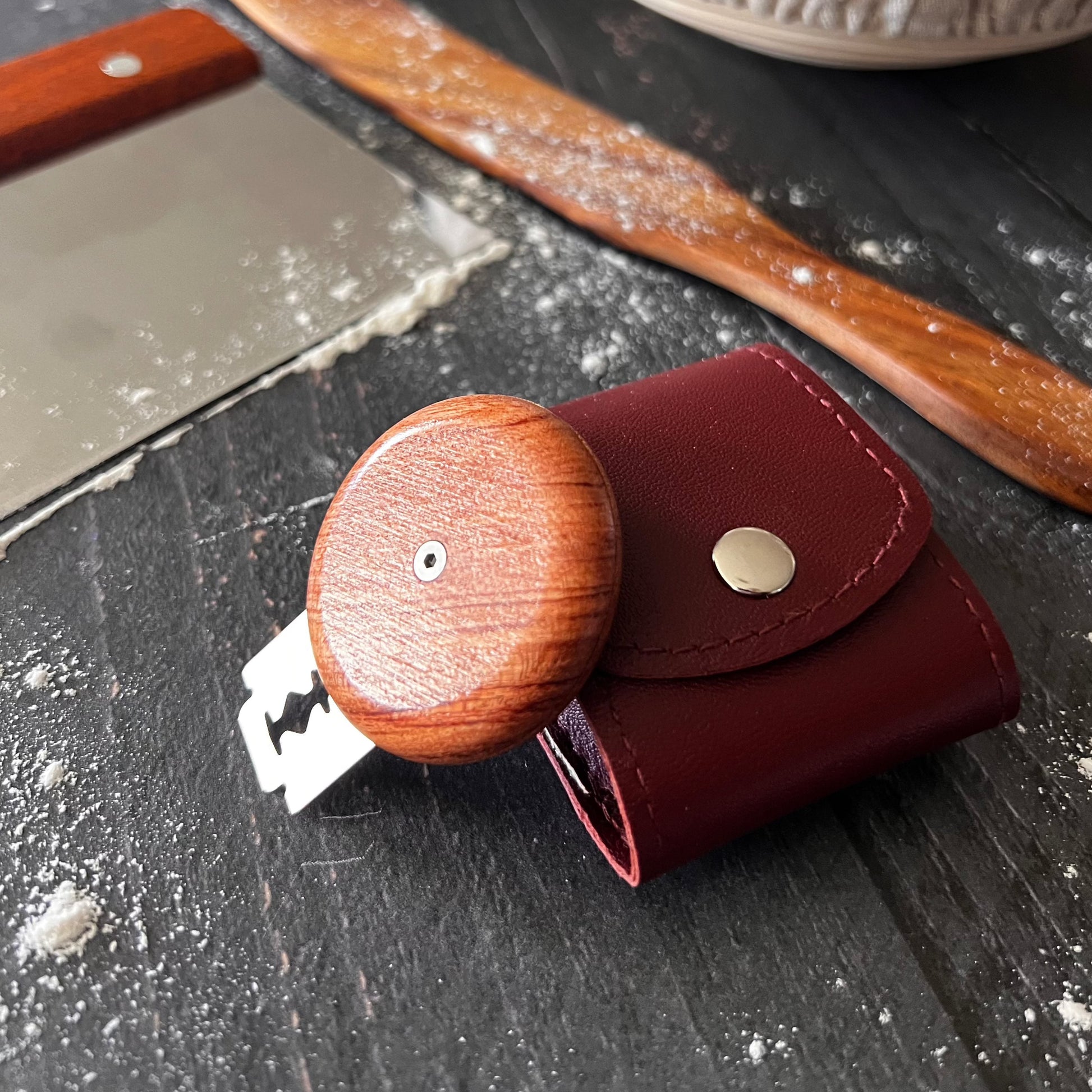 Five Oaks Farm Bread Lame Scoring Tool for bakery bread scoring and dough shaping, with wooden handle and stainless steel blade.