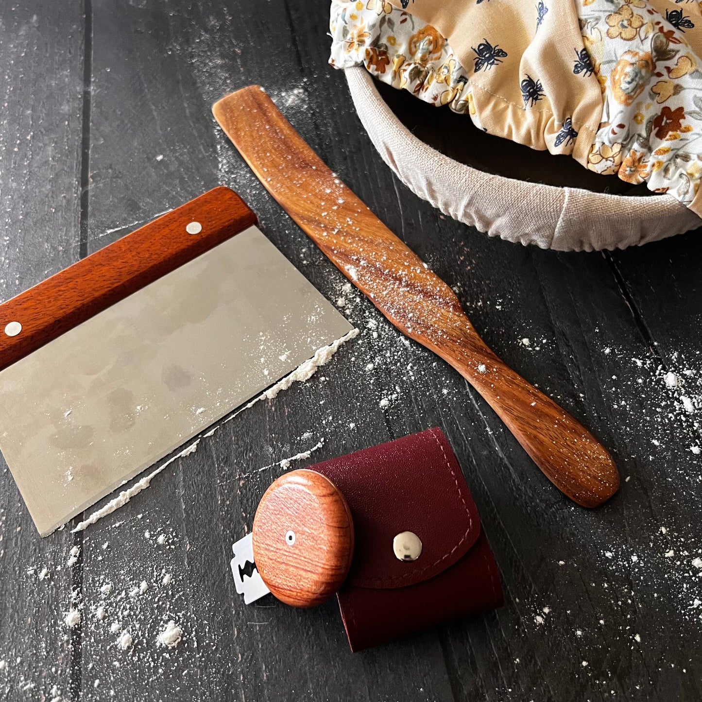 Five Oaks Farm Bread Lame scoring tool with wooden handle and stainless steel blade for artisan bread scoring.