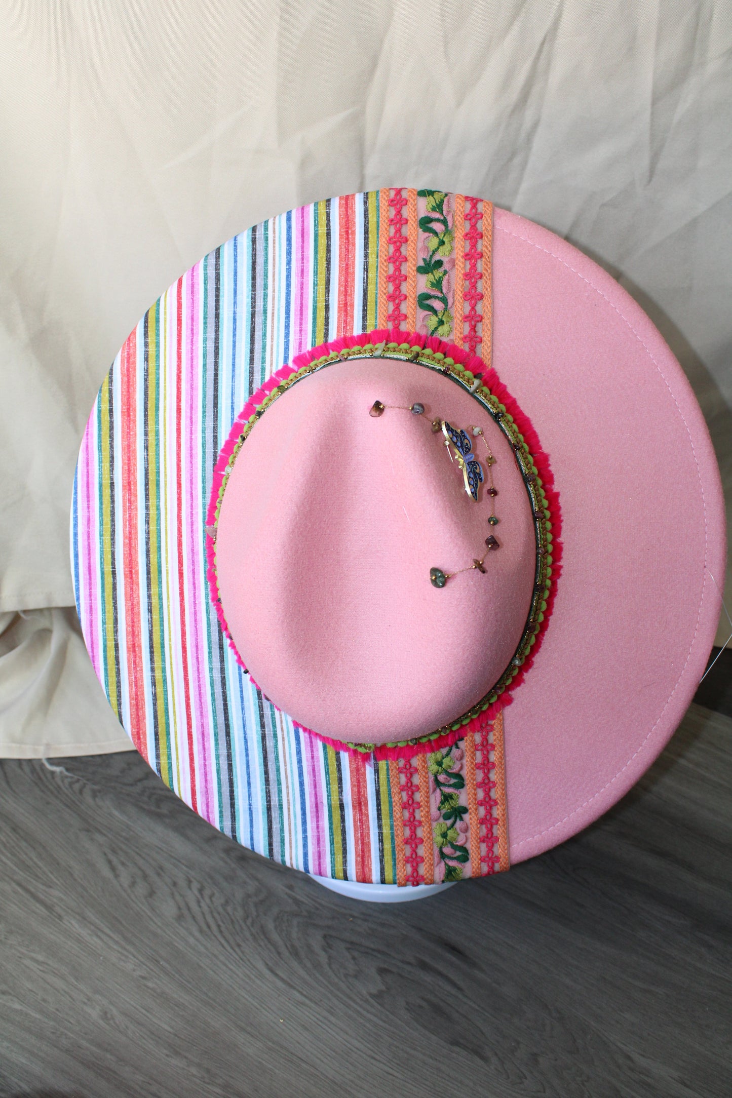 One-of-a-Kind Hand-Decorated Felt Fedora – Bright Stripes & Beaded Chain Details