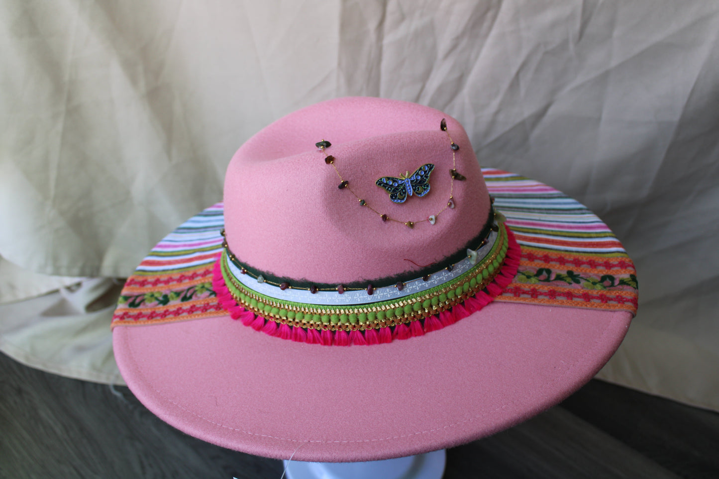 One-of-a-Kind Hand-Decorated Felt Fedora – Bright Stripes & Beaded Chain Details