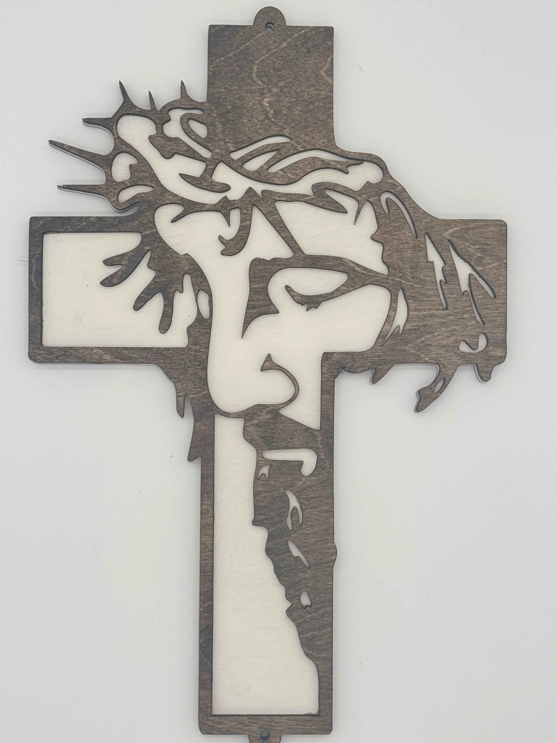 Handmade wooden Sacred Cross wall art with modern Christian design, crafted by C2 Creations LLC.