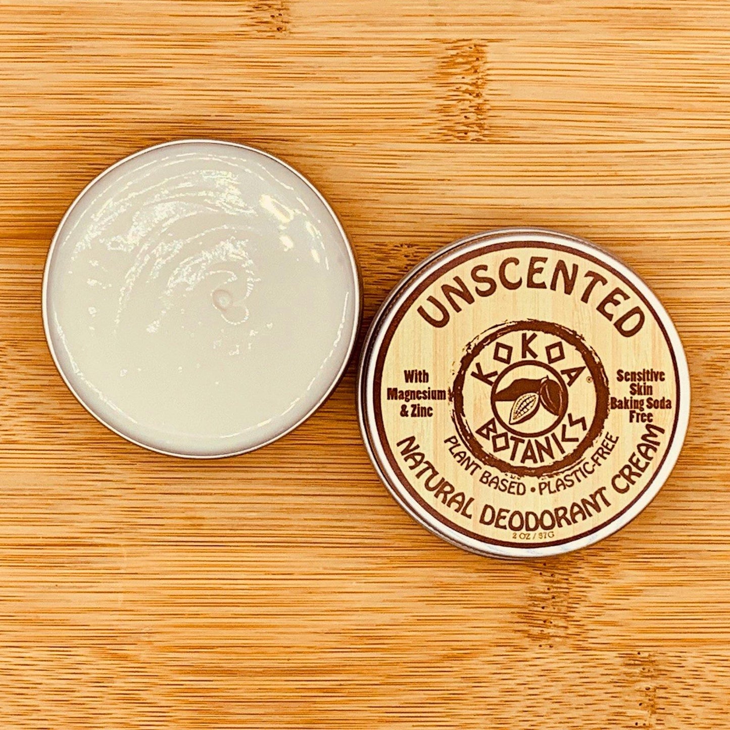 KOKOA BOTANICS unscented natural deodorant cream for sensitive skin in 2.5 oz jar, baking soda-free and gentle for daily use