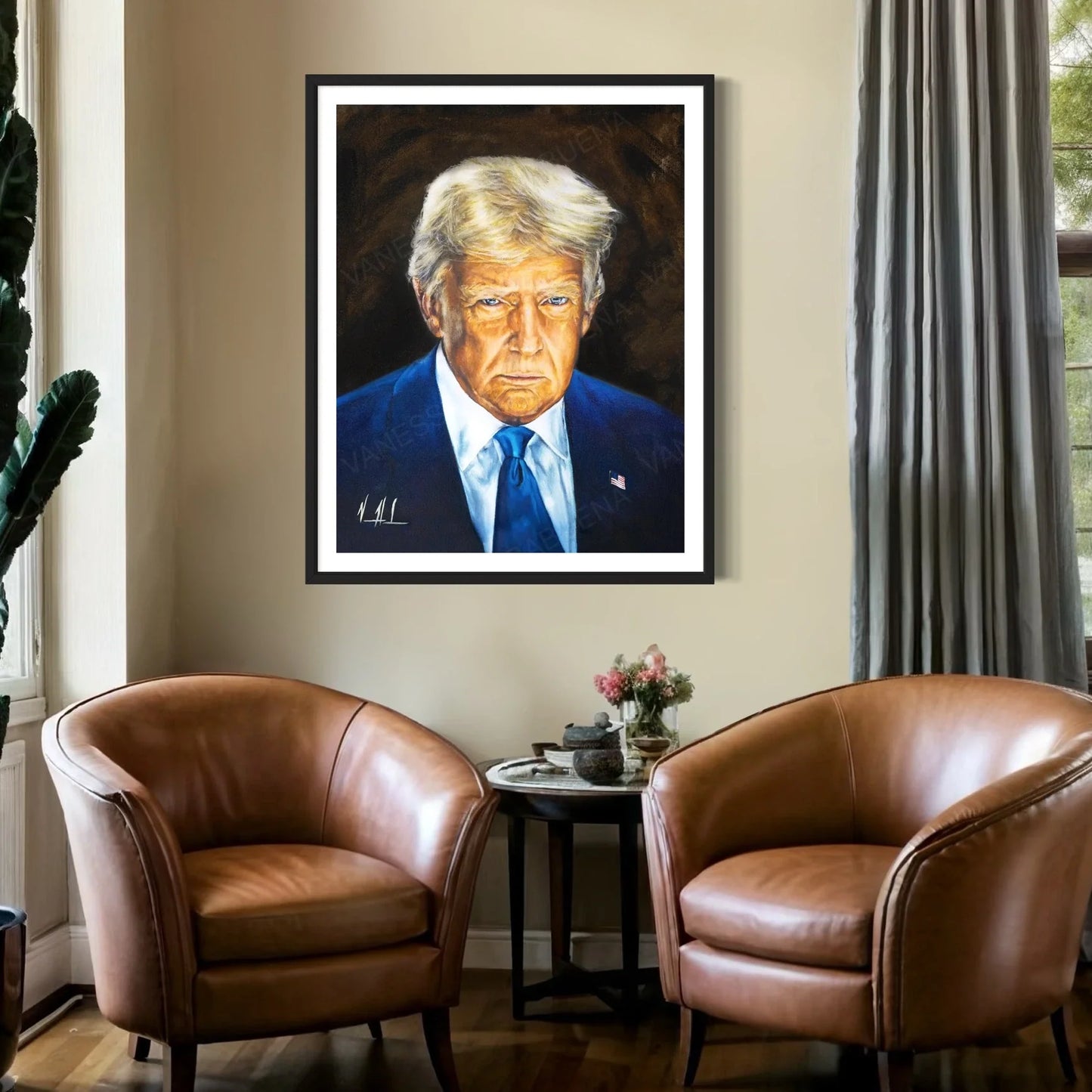 Portrait of Donald Trump, 45th and 47th U.S. President, by Vanessa Horabuena, showing his facial features and signature hairstyle.