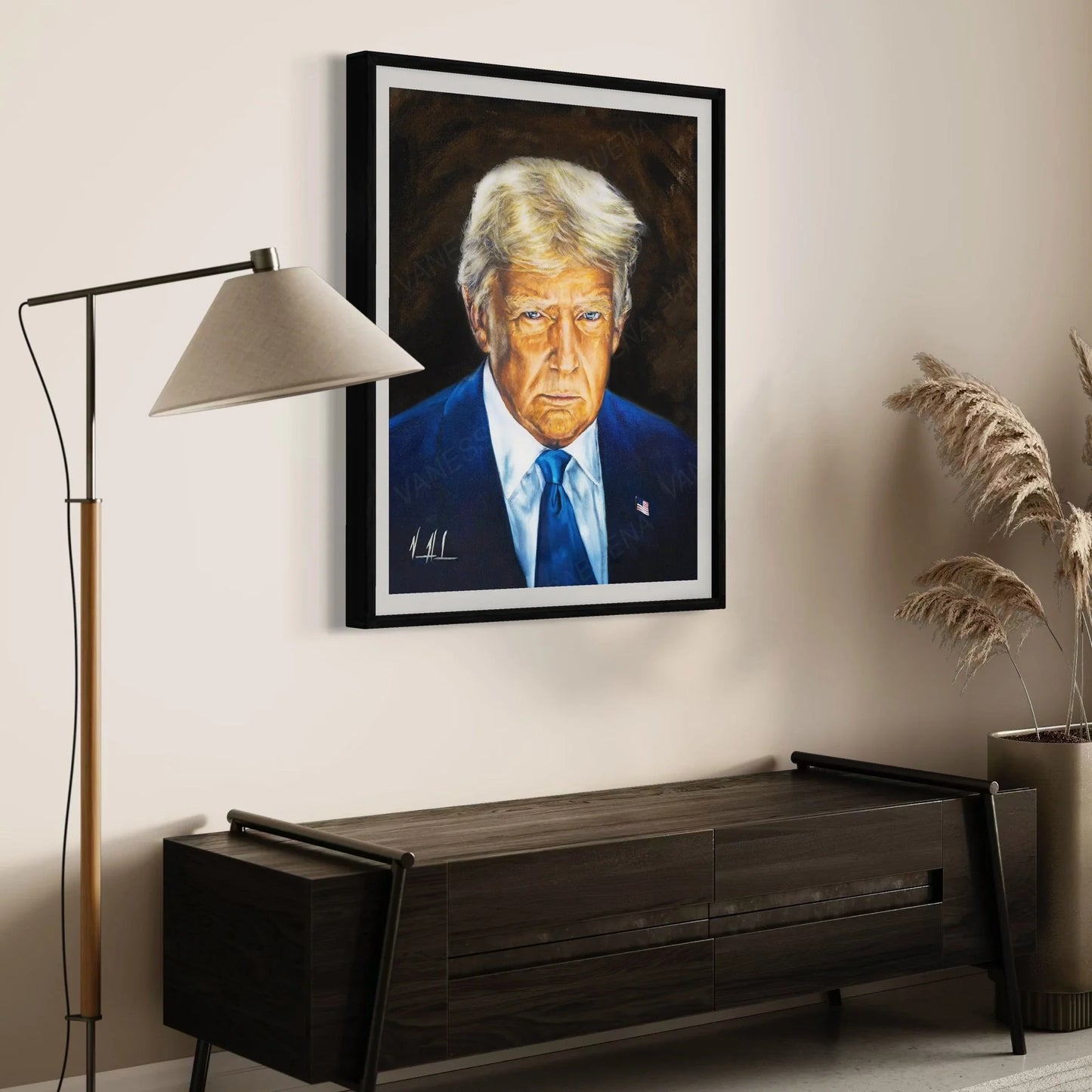 Portrait of Donald Trump, 45th and 47th U.S. President, by Vanessa Horabuena, showing his face with a serious expression.