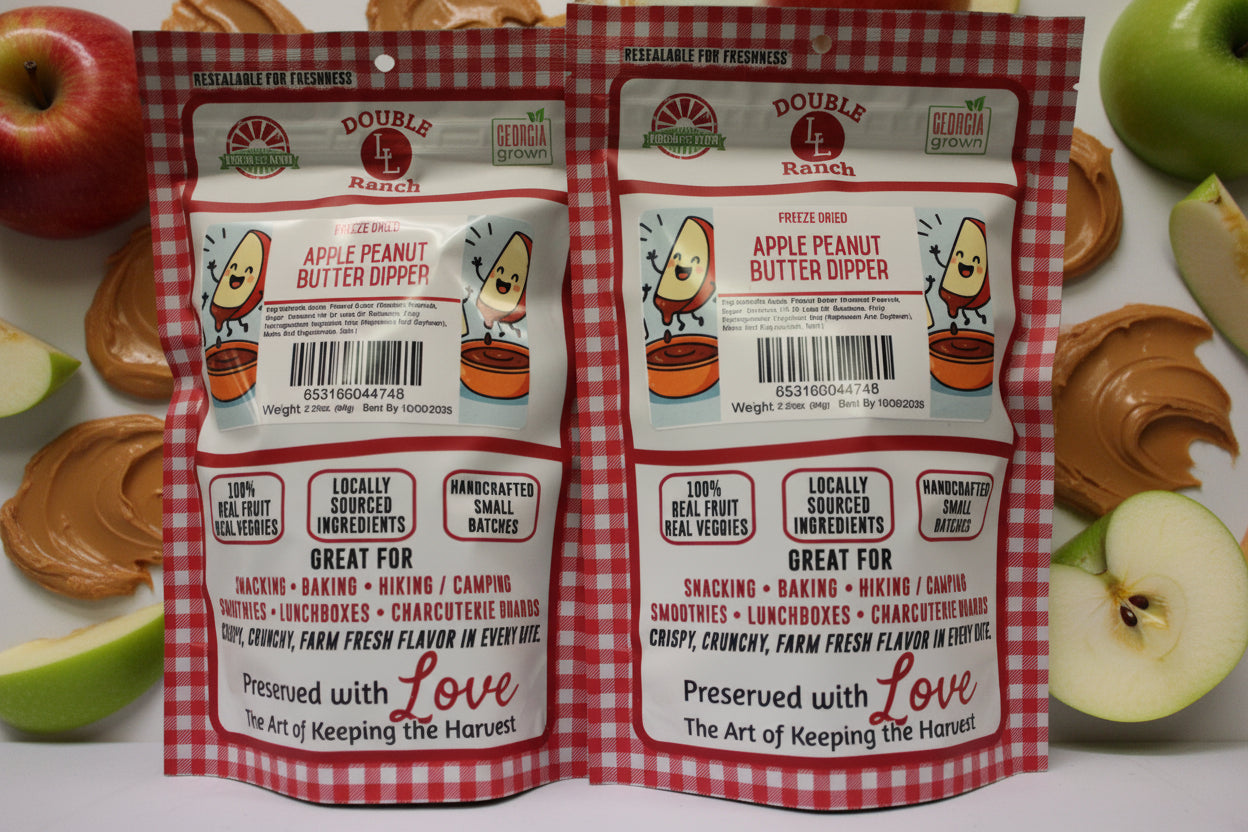 Freeze-dried apple peanut butter dippers by Double L Ranch, showing crunchy snack pieces with apple and peanut butter flavors.