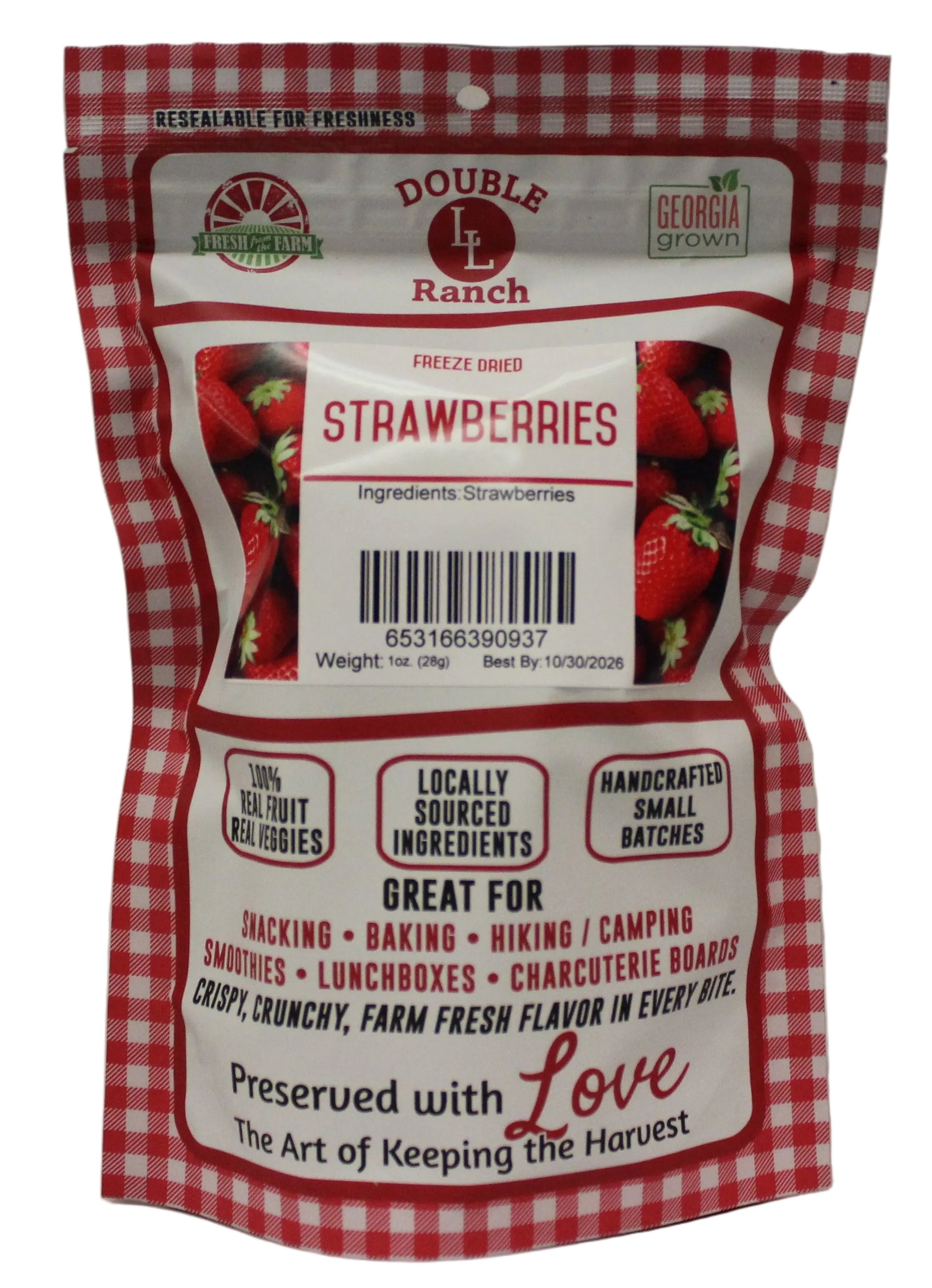 Freeze dried strawberries from Double L Ranch, showing vibrant red slices on a white background.