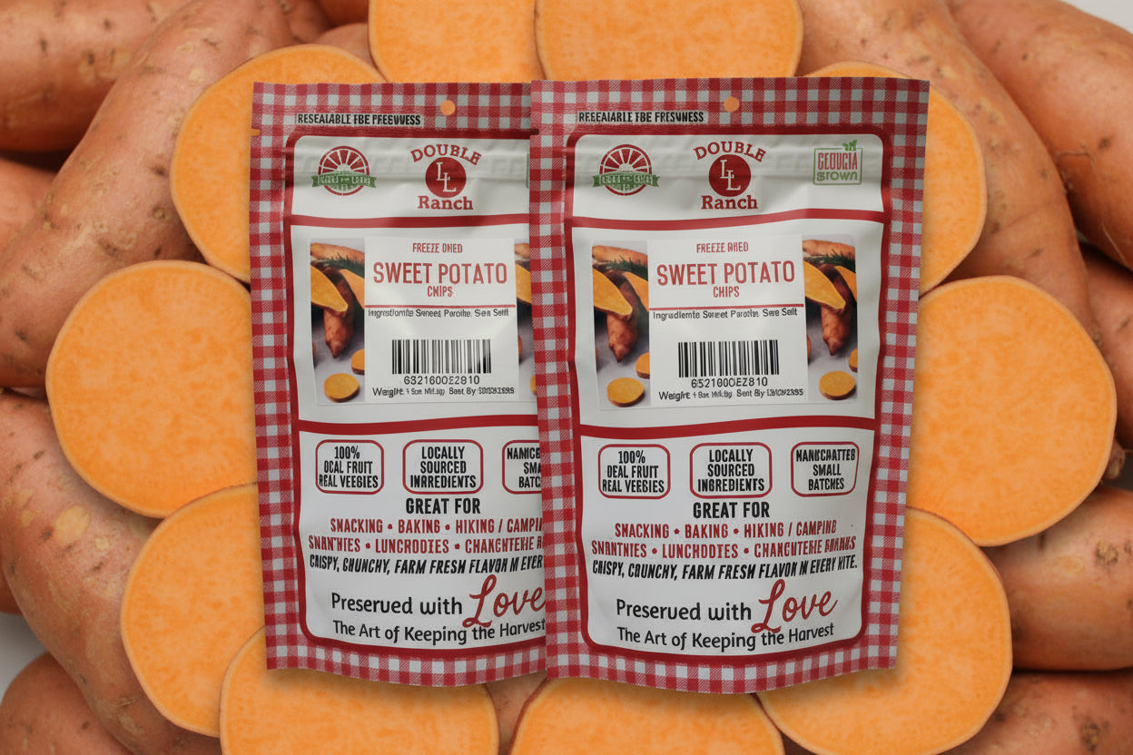 Freeze-dried sweet potato chips by Double L Ranch, crispy and vibrant orange snack with textured surface.