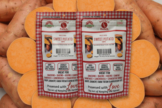 Freeze-dried sweet potato chips by Double L Ranch, crispy and vibrant orange snack with textured surface.