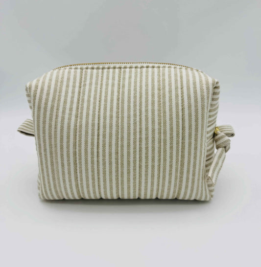 Boxy handmade makeup and toiletry bag in taupe and cream ticking stripe pattern by C2 Creations LLC.