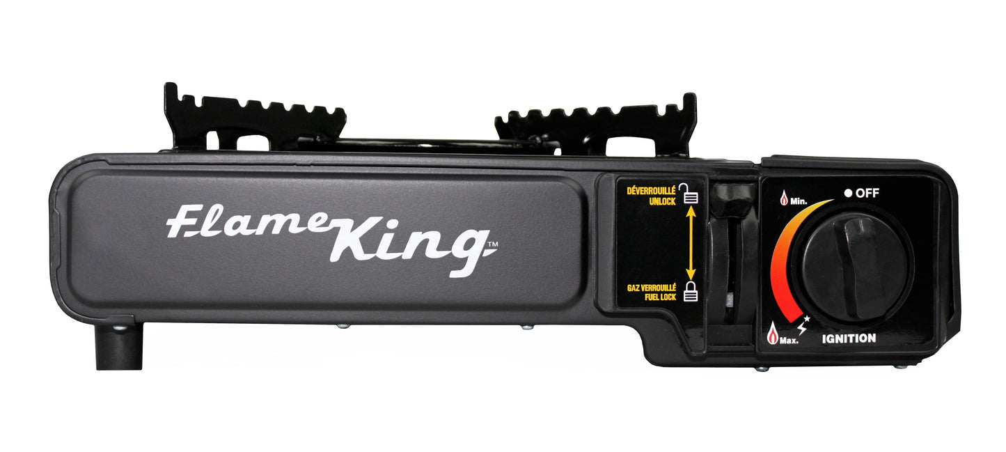 Flame King portable camping gas stove with a single burner, suitable for butane and propane fuel, compact and easy to transport.