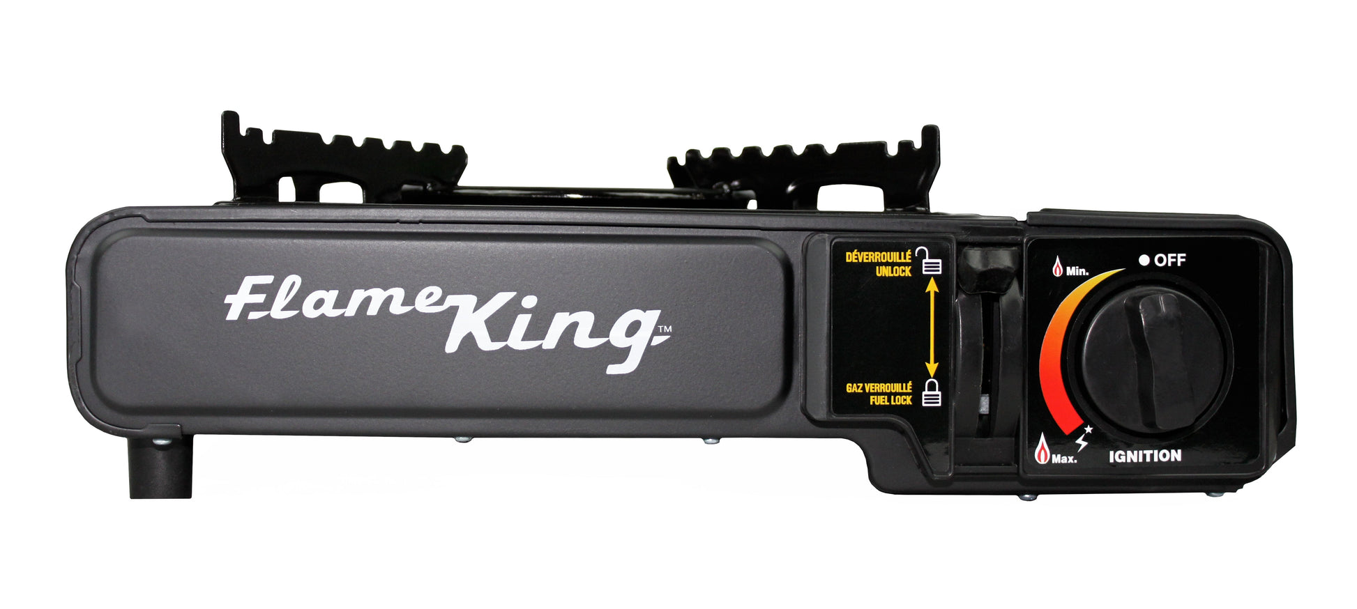 Flame King portable camping gas stove with a single burner, suitable for butane and propane fuel, compact and easy to transport.