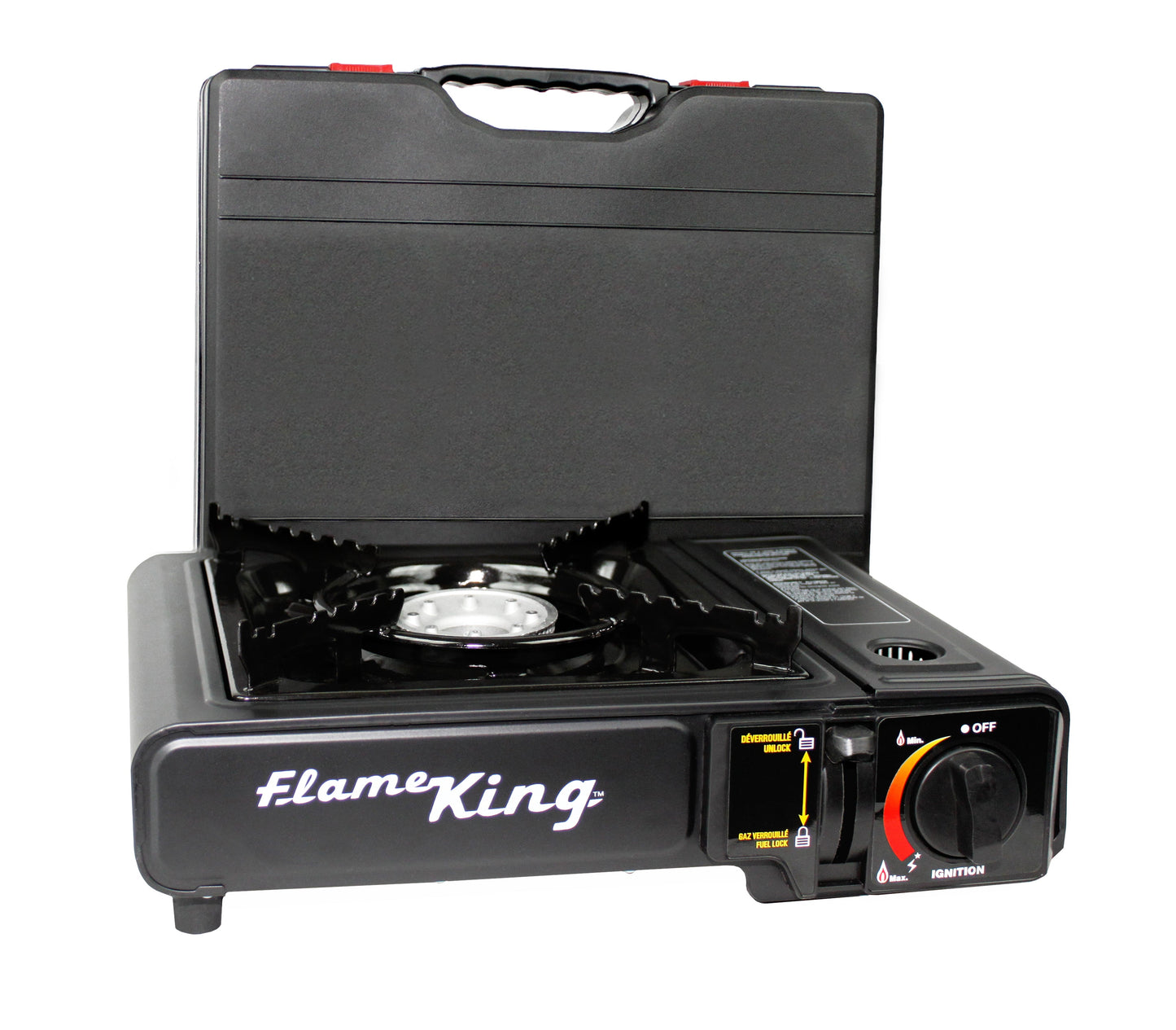 Flame King portable butane and propane camping gas stove with a single burner, ideal for outdoor cooking and camping adventures.
