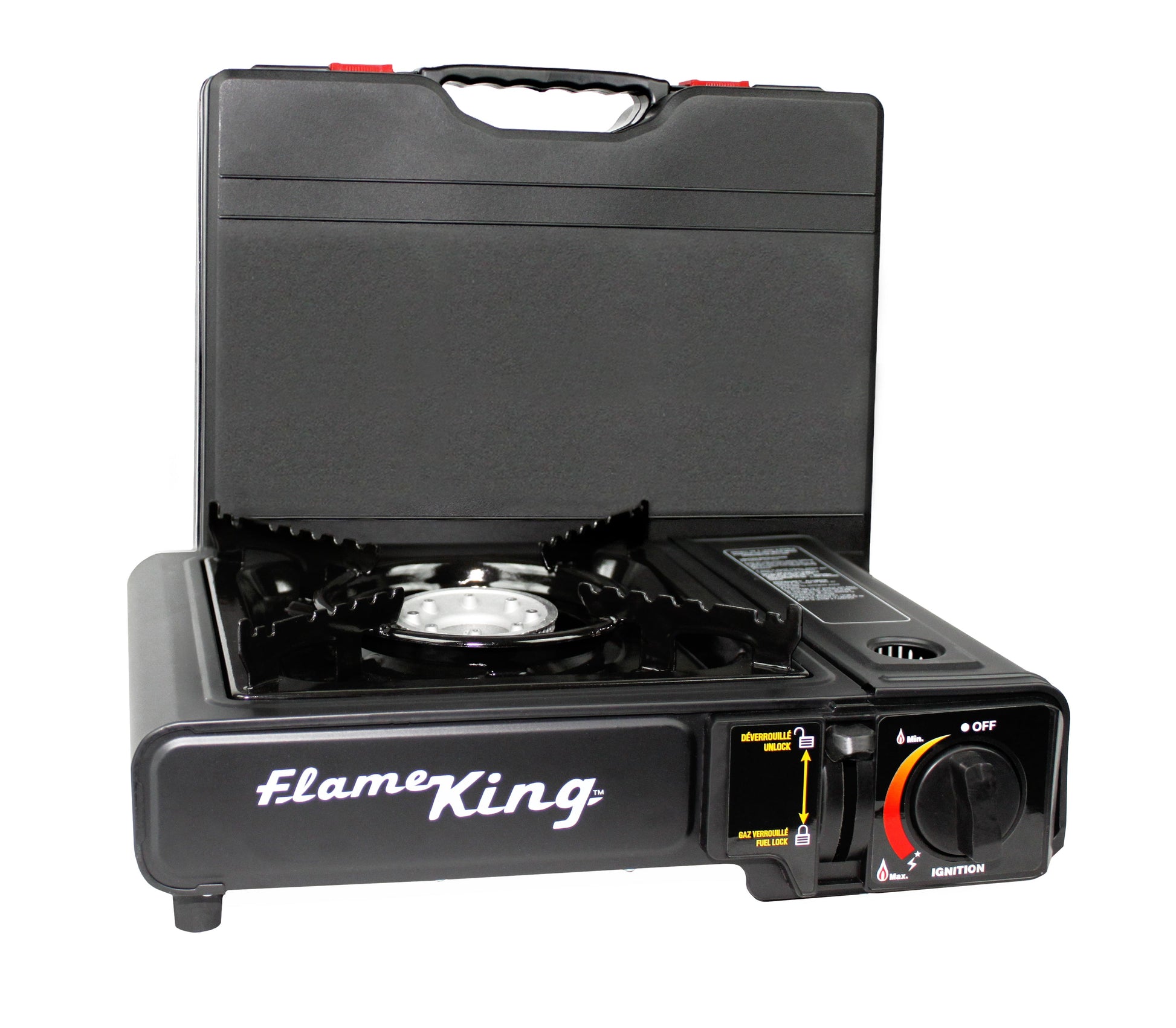 Flame King portable butane and propane camping gas stove with a single burner, ideal for outdoor cooking and camping adventures.
